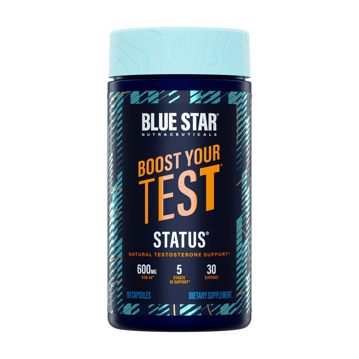 Blue Star Status bottle front view showcases daily wellness for training goals.