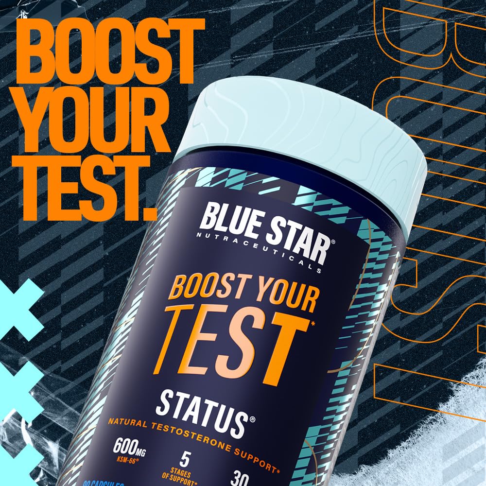 Blue Star Status bottle label closeup highlights key ingredients and potency.