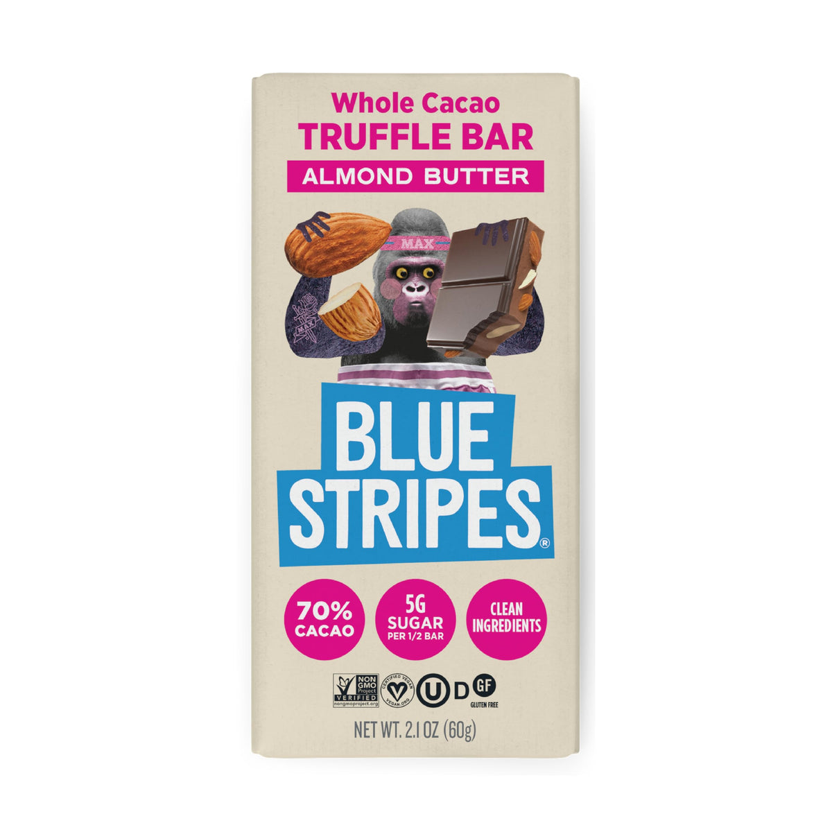Blue Stripes almond butter whole cacao truffle bar packaging highlights eco-friendly design