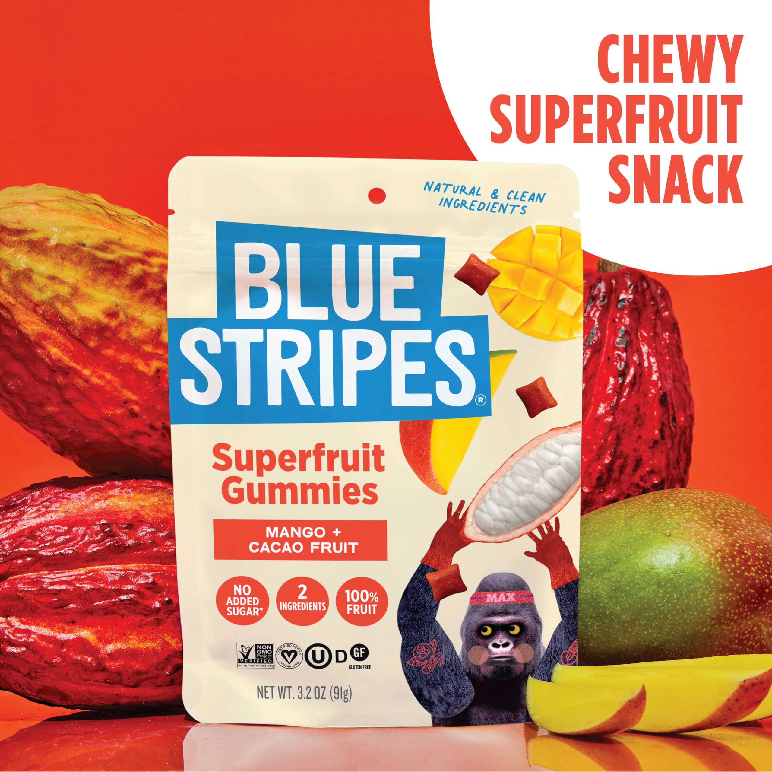 Blue Stripes Cacao Superfruit Gummies 9 vitamins minerals support daily nutrition.
