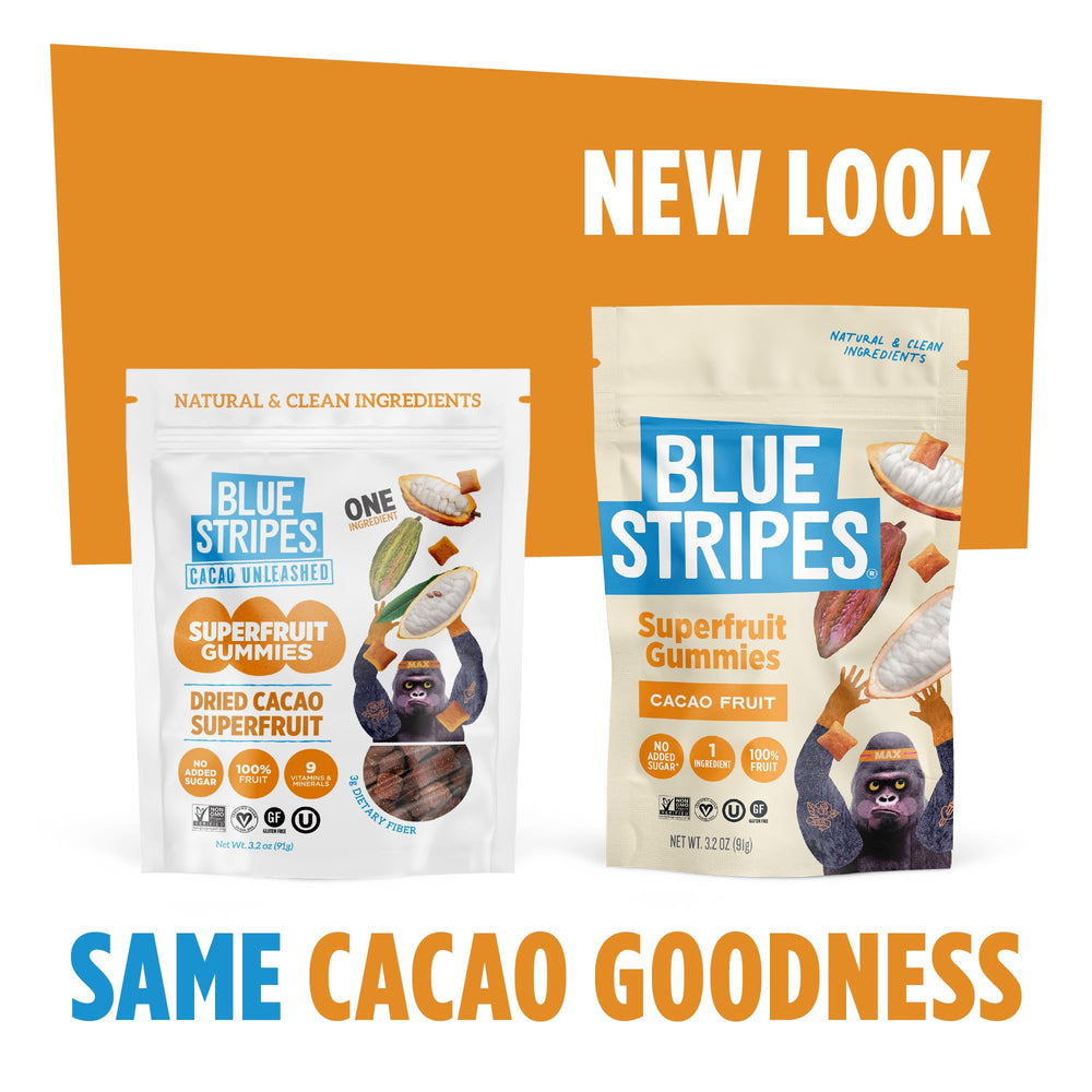 Blue Stripes Cacao Superfruit Gummies nutrition panel emphasizing vitamins and minerals for daily wellness.