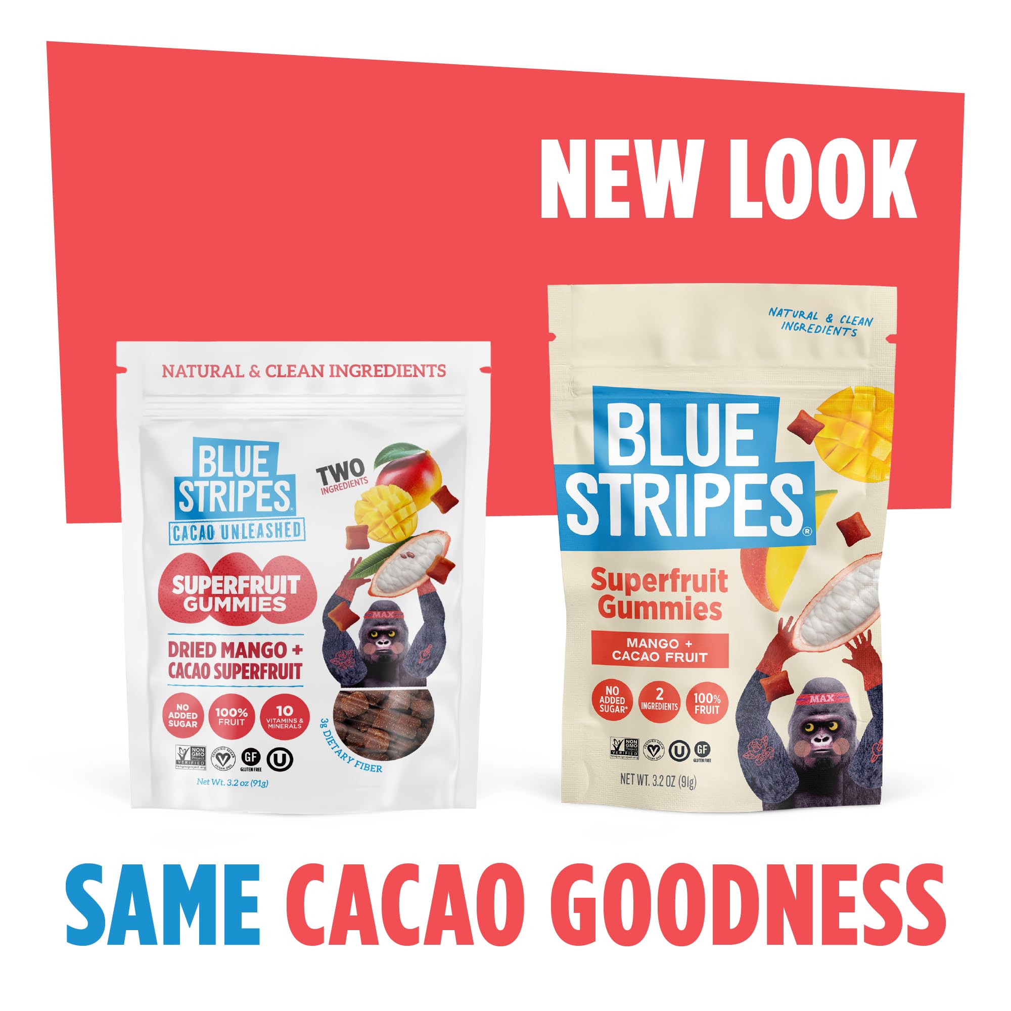 Blue Stripes Cacao Superfruit Gummies on hand highlight chewy texture and tropical flavor.