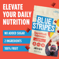 Blue Stripes Cacao Superfruit Gummies tropical flavor showcasing mango and cacao fruit taste.