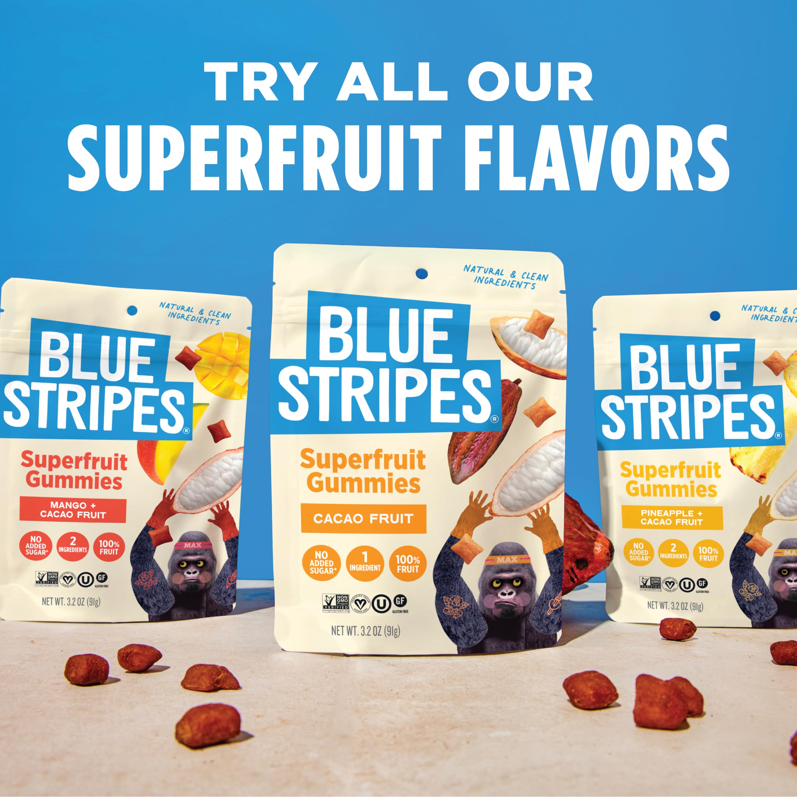 Blue Stripes Cacao Superfruit Gummies vegan snack for plant-based diets.