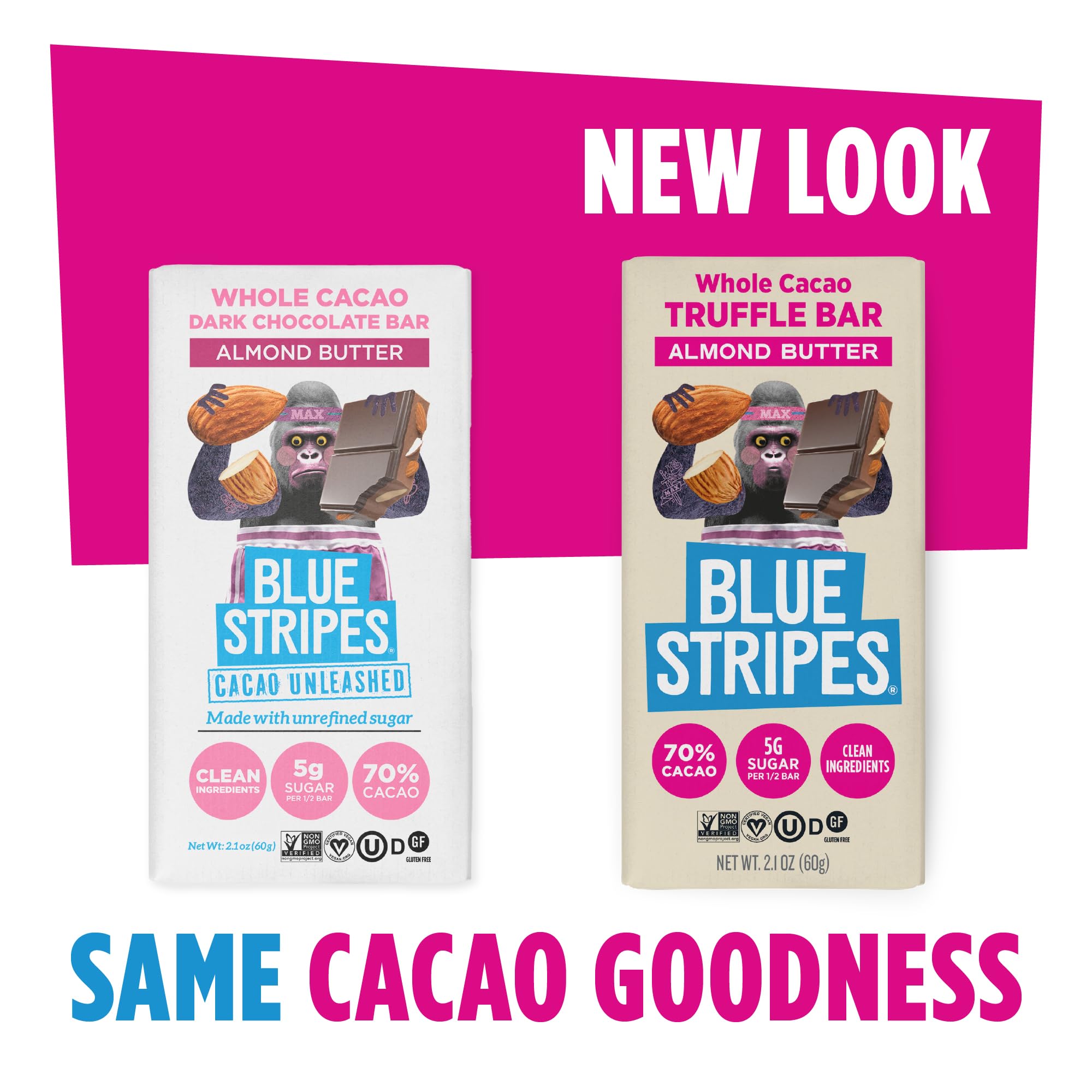 Blue Stripes dairy-free gluten-free vegan bar label emphasizes clean ingredients