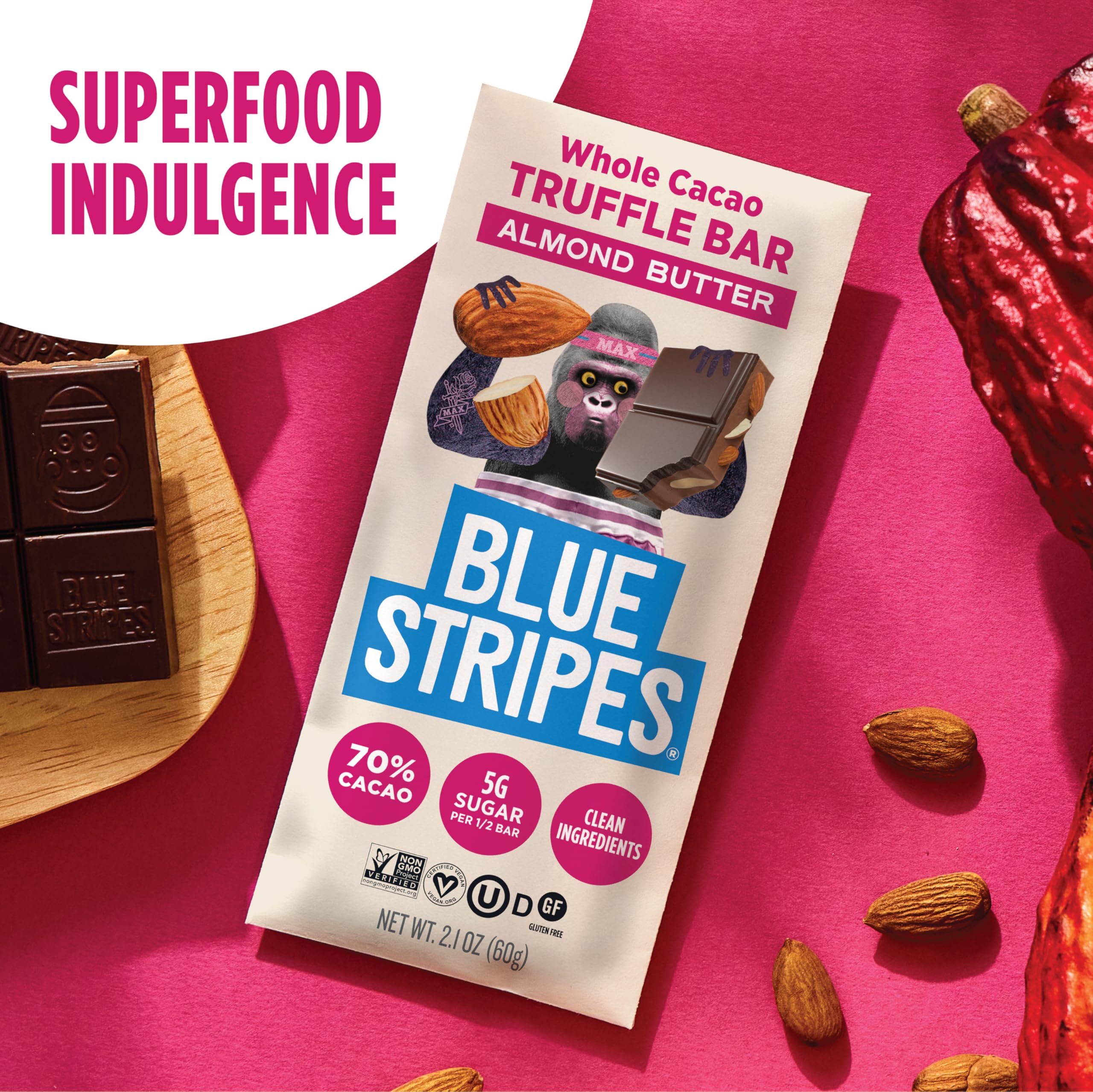 Blue Stripes upcycled cacao pod logo supports sustainable sourcing