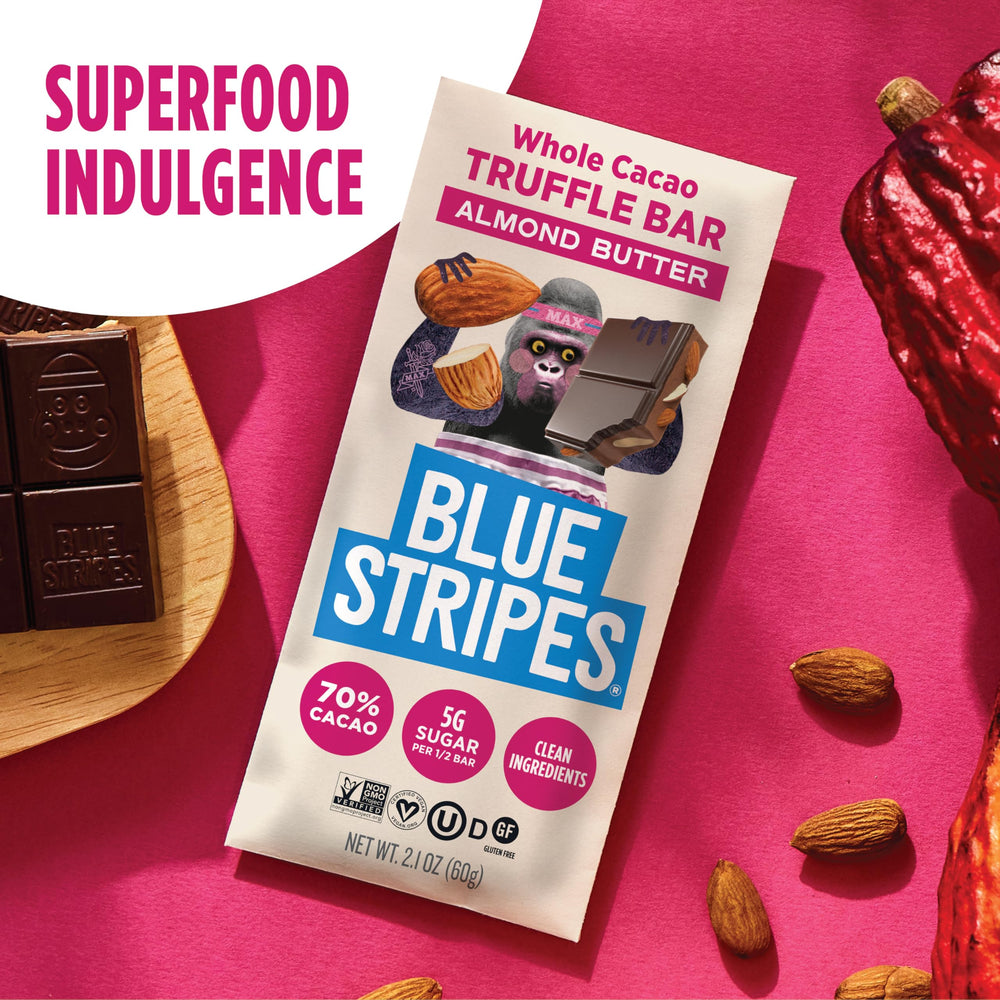 Blue Stripes upcycled cacao pod logo supports sustainable sourcing