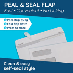 Blue Summit Supplies double window envelope shows peel-and-seal closure for faster mail processing.