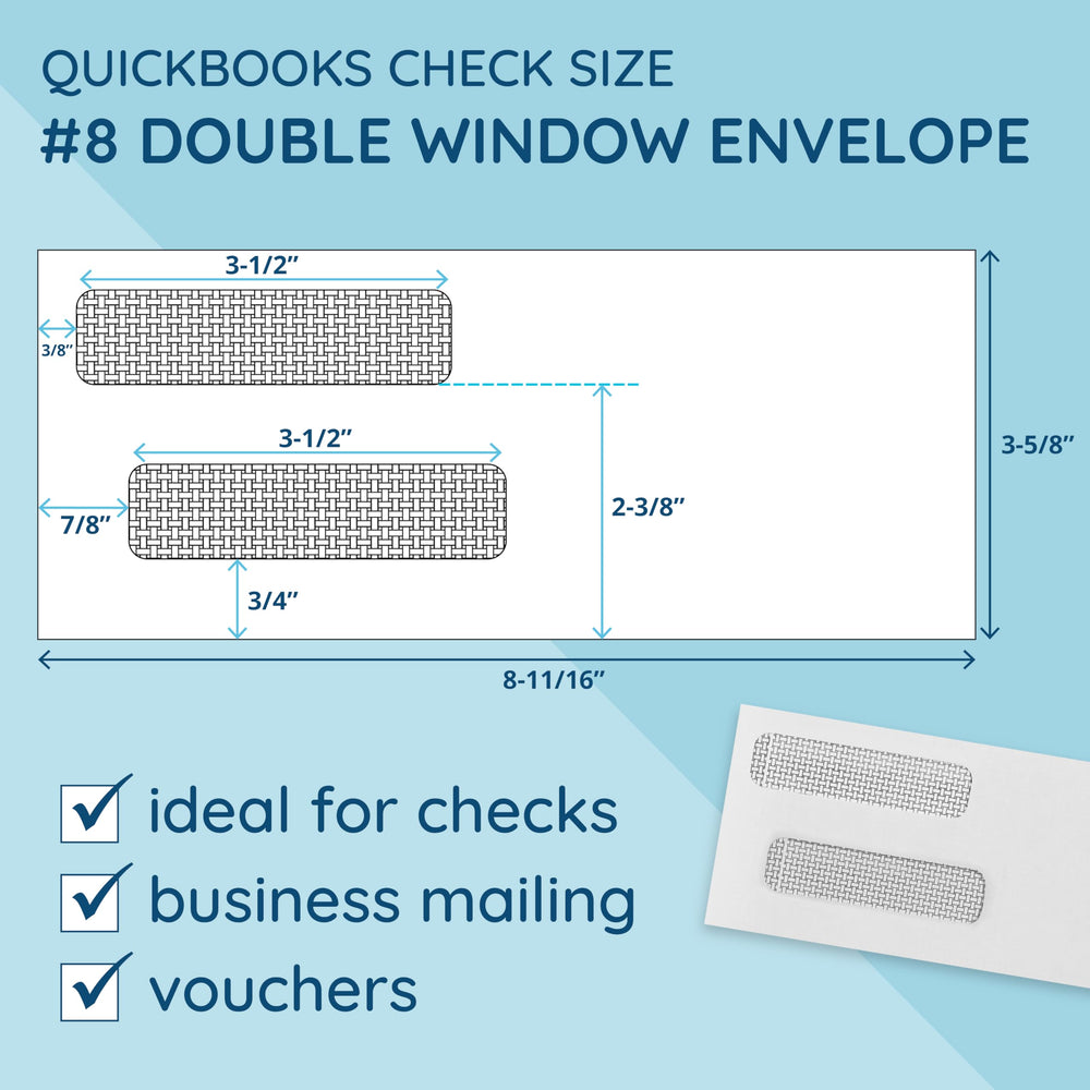Blue Summit Supplies 3 5/8 x 8 11/16 envelope fits standard checks and vouchers.