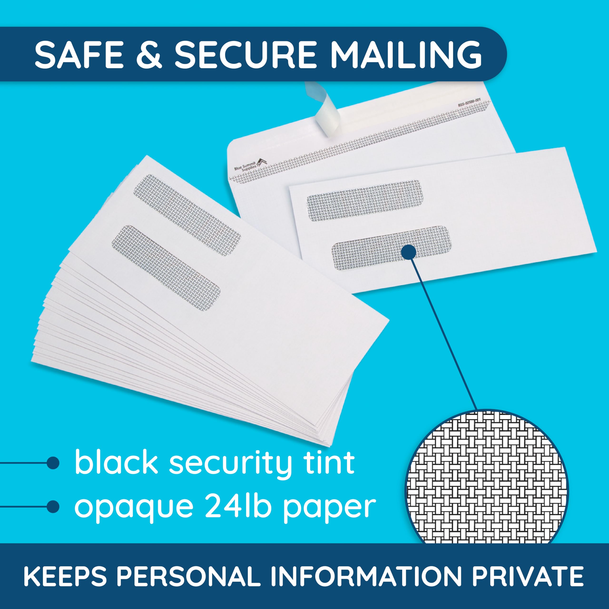 Blue Summit Supplies white 24lb paper envelope provides durable windows and reliable bulk use.