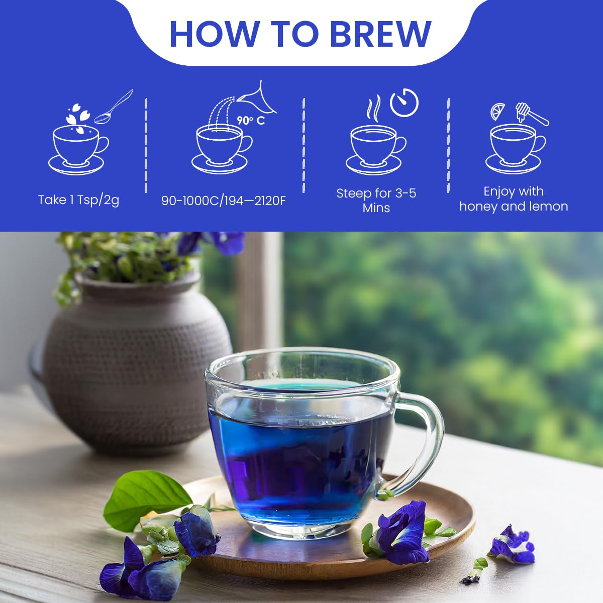 Blue Tea butterfly pea tea color palette highlighting hue