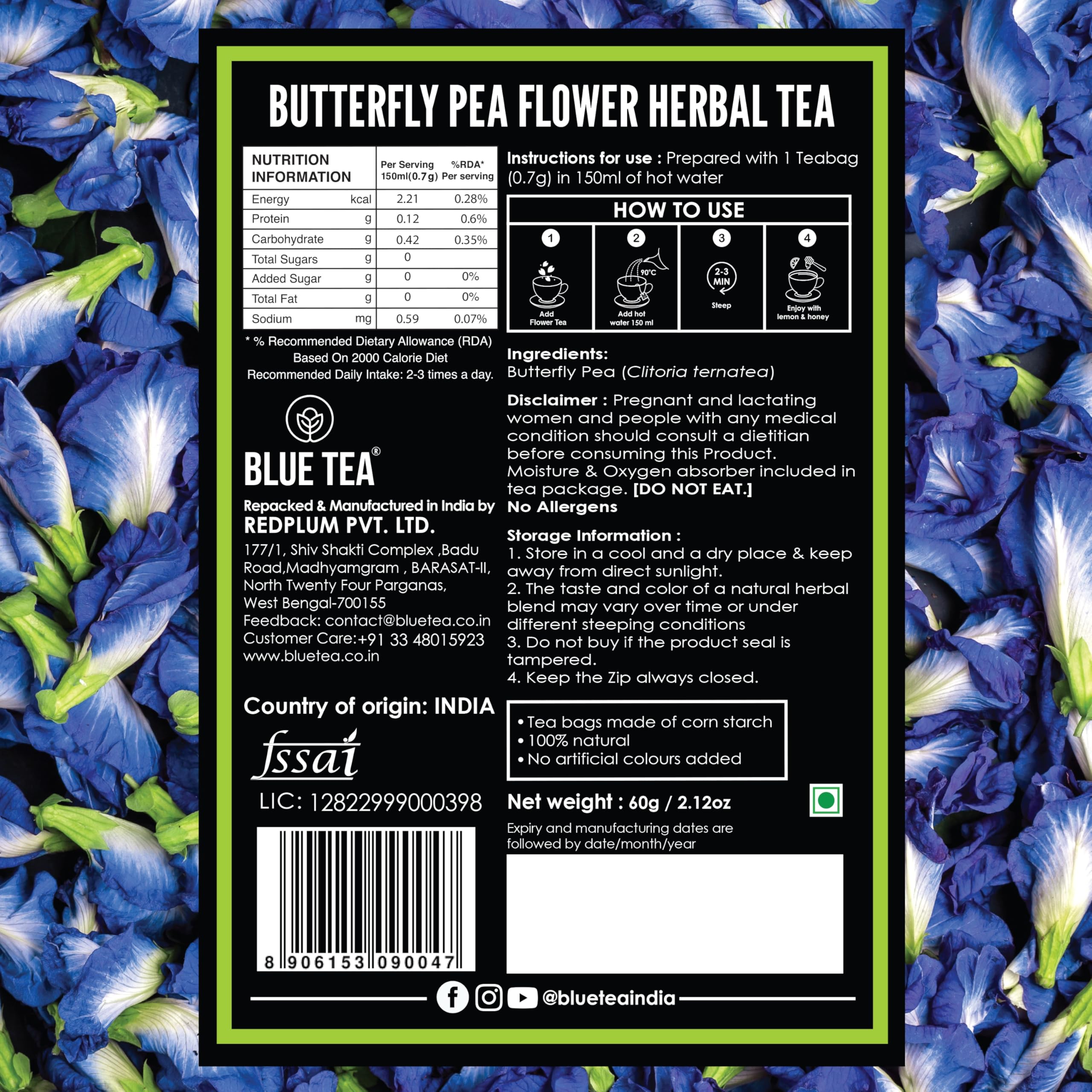 Blue Tea butterfly pea flowers on farm ready for natural brewing