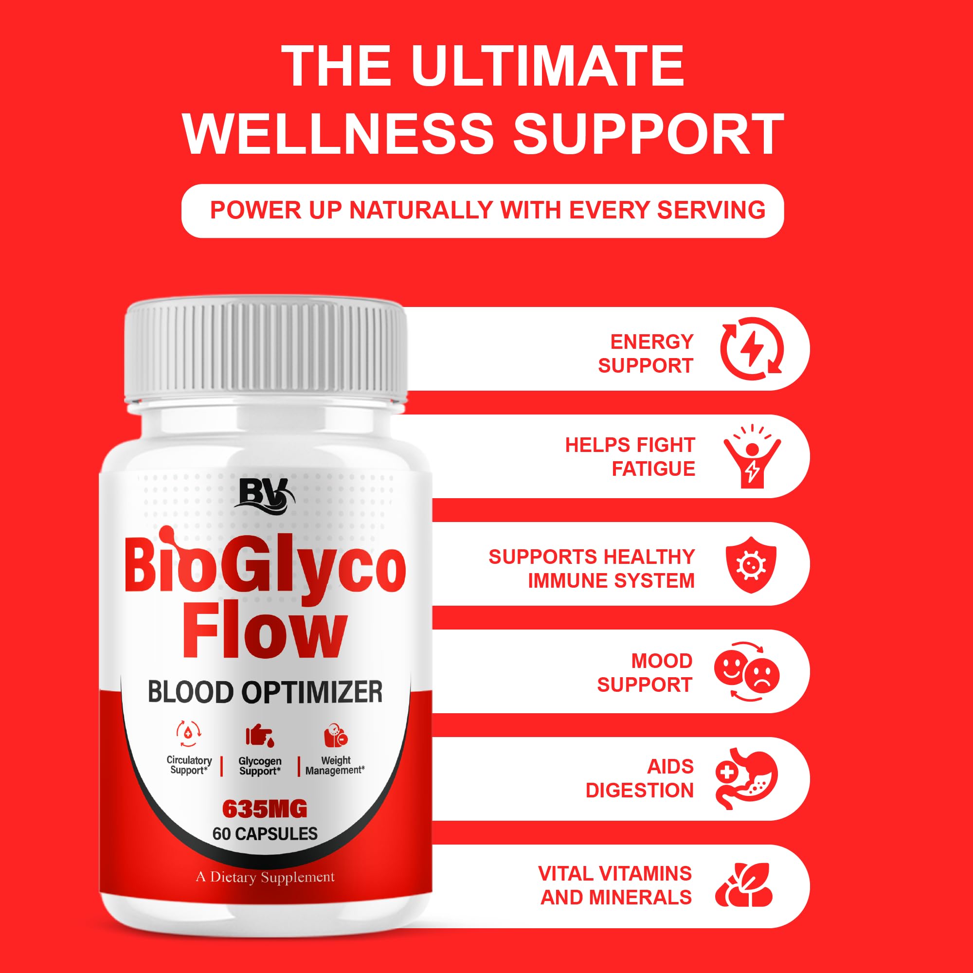 BLUE VIBE BioGlyco Flow bottle-back ingredients highlights antioxidants.