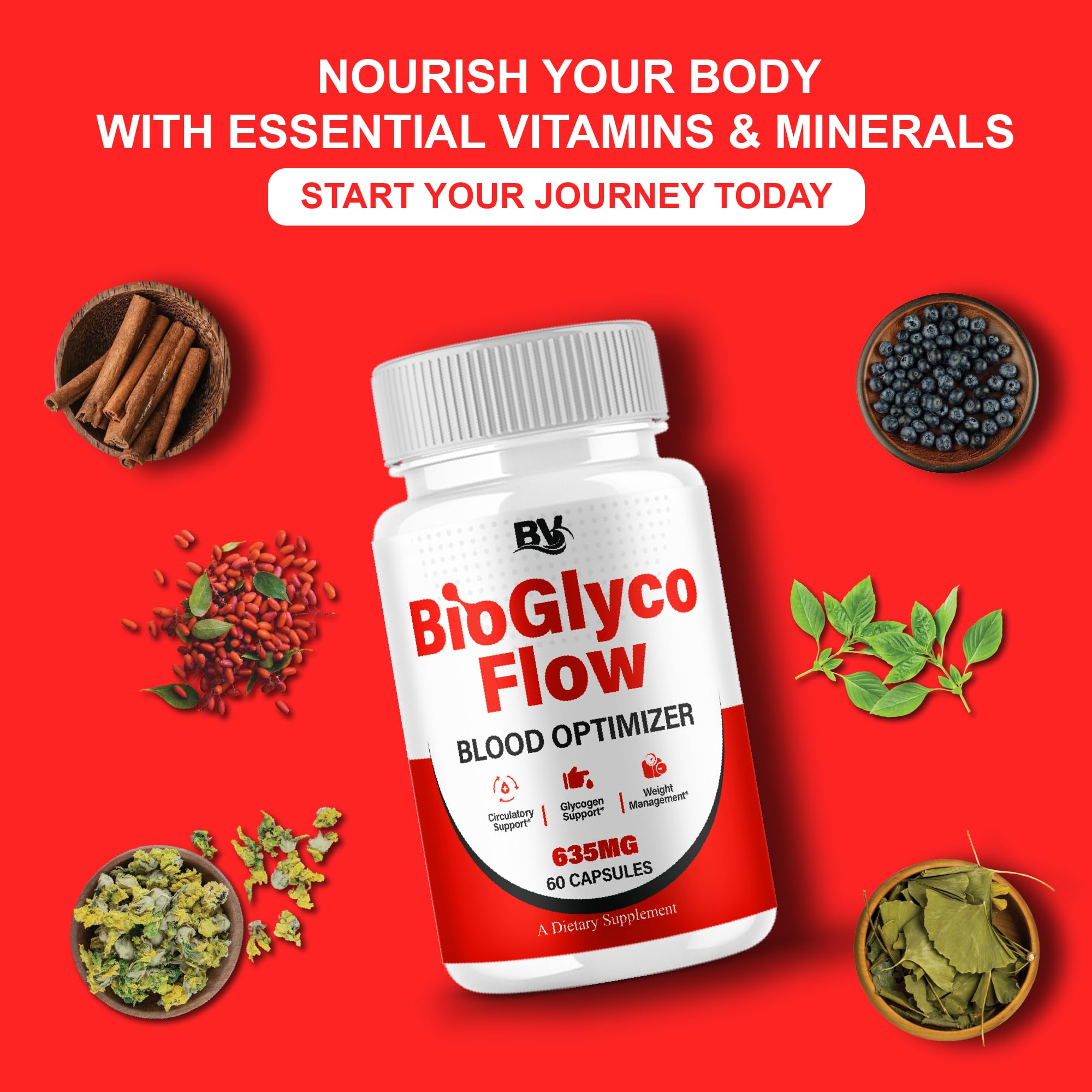 BLUE VIBE BioGlyco Flow label detail shows quality and nutrition focus.