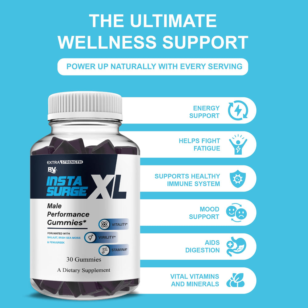 Blue Vibe Insta Surge XL gummies pour illustrating quick, portable supplementation.