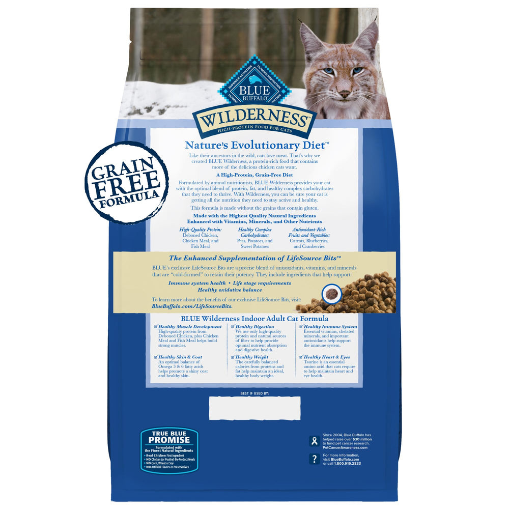 Blue Wilderness 5-lb bag emphasizes grain-free, protein-dense indoor cat food.