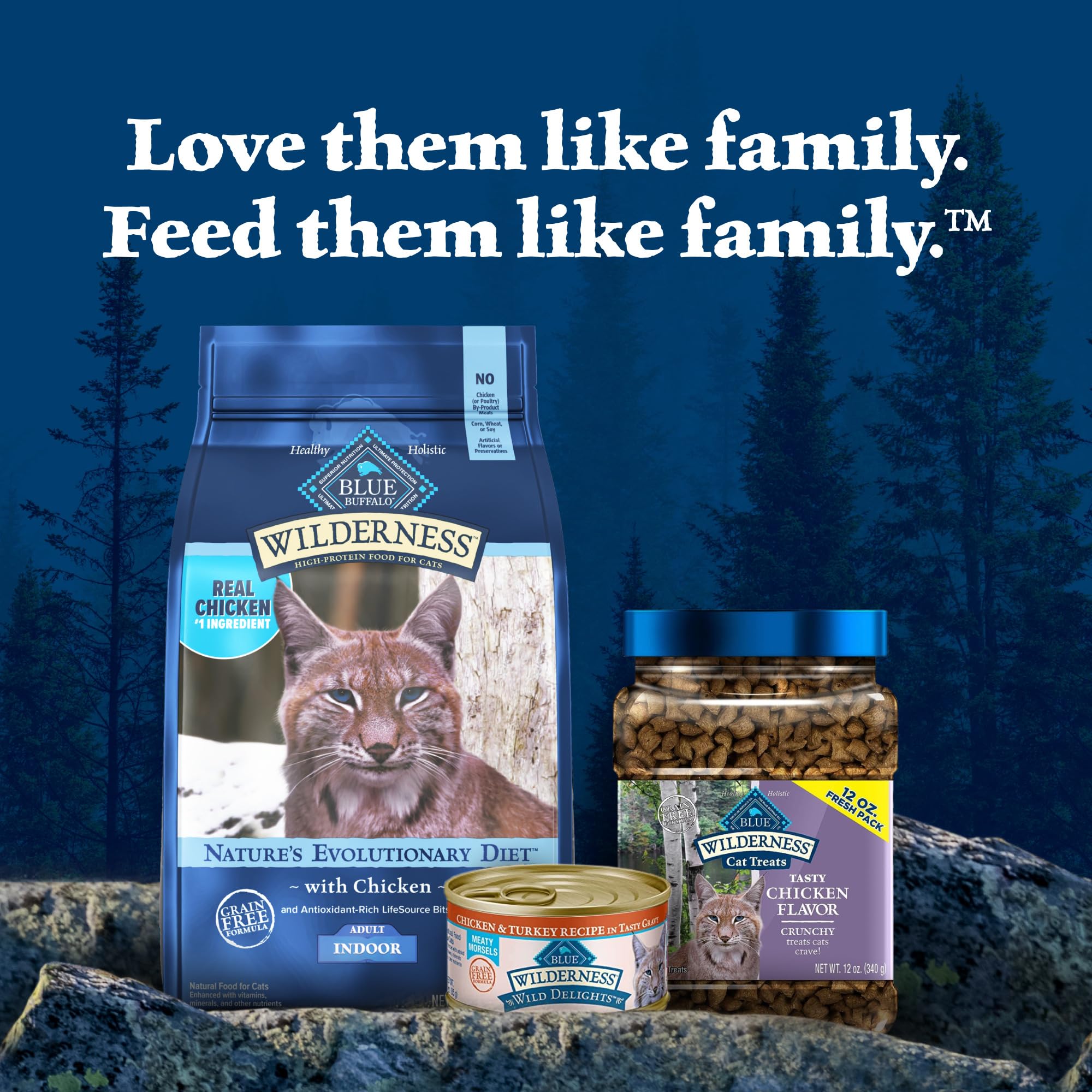 Blue Wilderness packaging highlights real chicken and LifeSource Bits benefits.