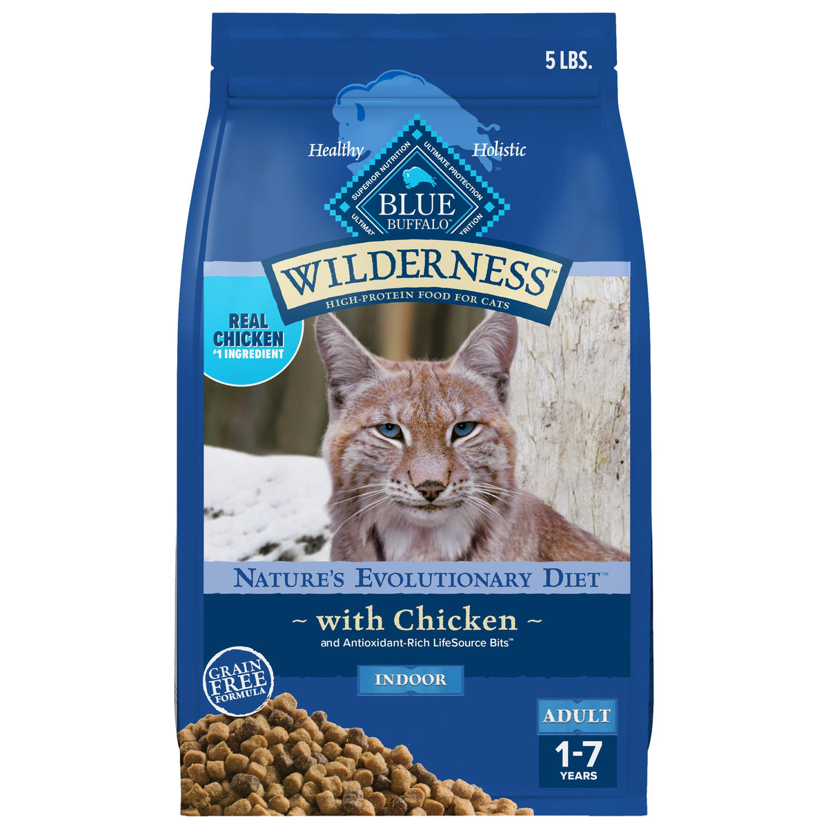 Blue Wilderness real-chicken-ingredient highlights protein-rich formula for indoor cats.