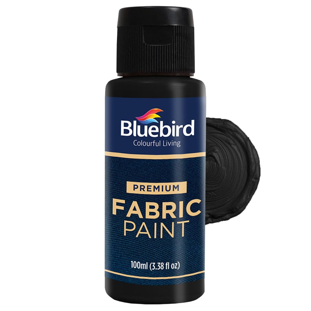 Bluebird fabric paint lamp-black bottle shows smooth coverage.