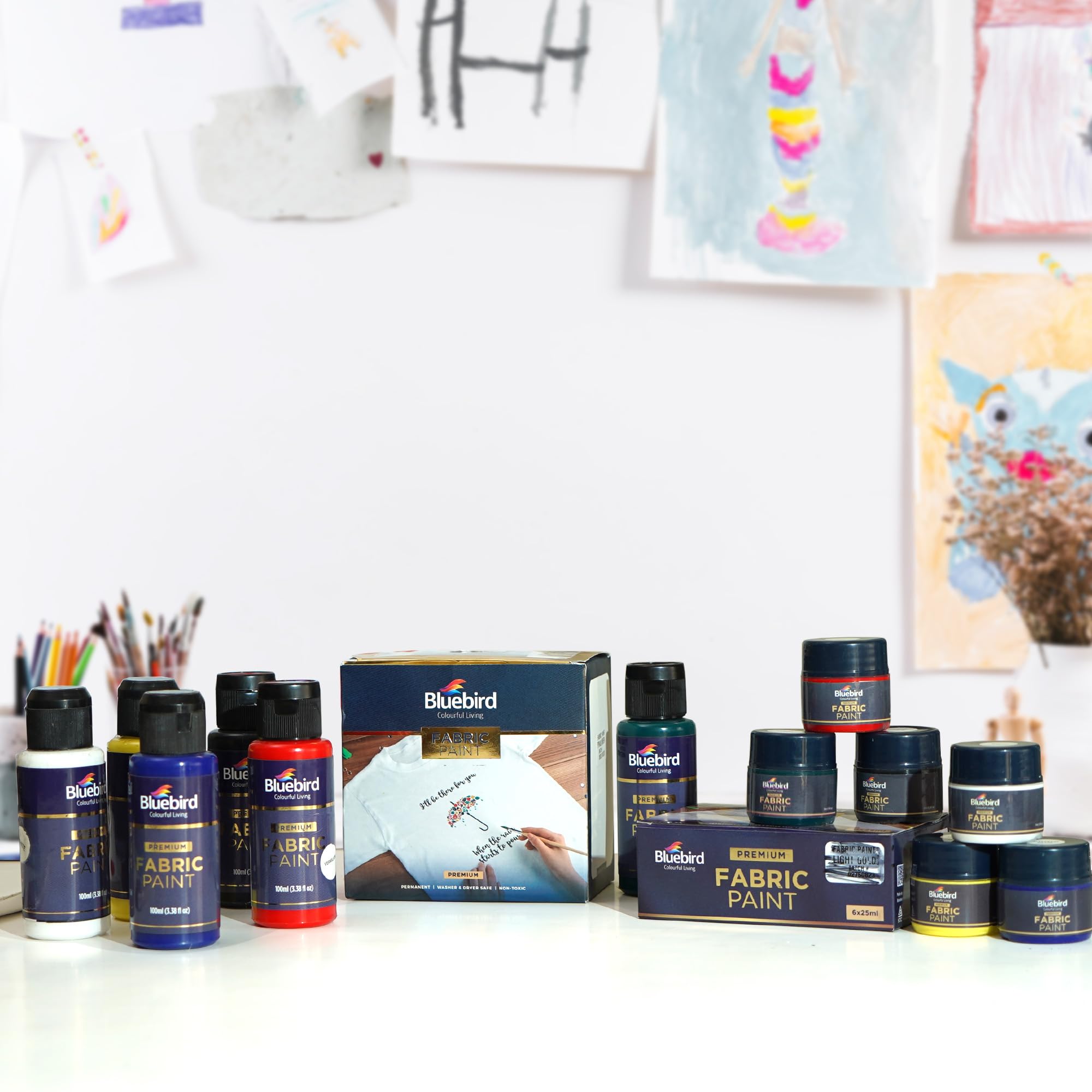 Bluebird fabric paint on denim—sharp, long-lasting finish for casual DIY outfits.