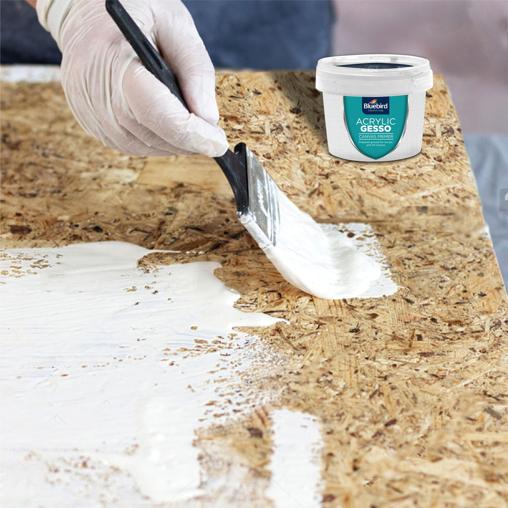 BLUEBIRD gesso primer on paper forms a strong base for layers.