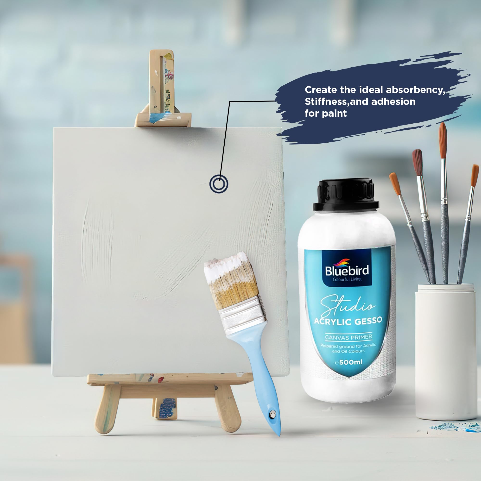 BLUEBIRD gesso brush stroke demonstrates even coverage on prepared canvas