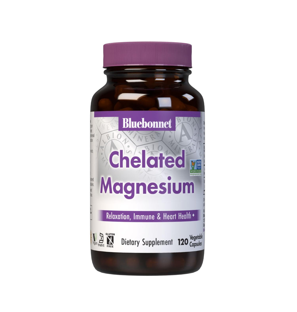 BlueBonnet Albion magnesium bottle front shows 120 capsules for daily wellness