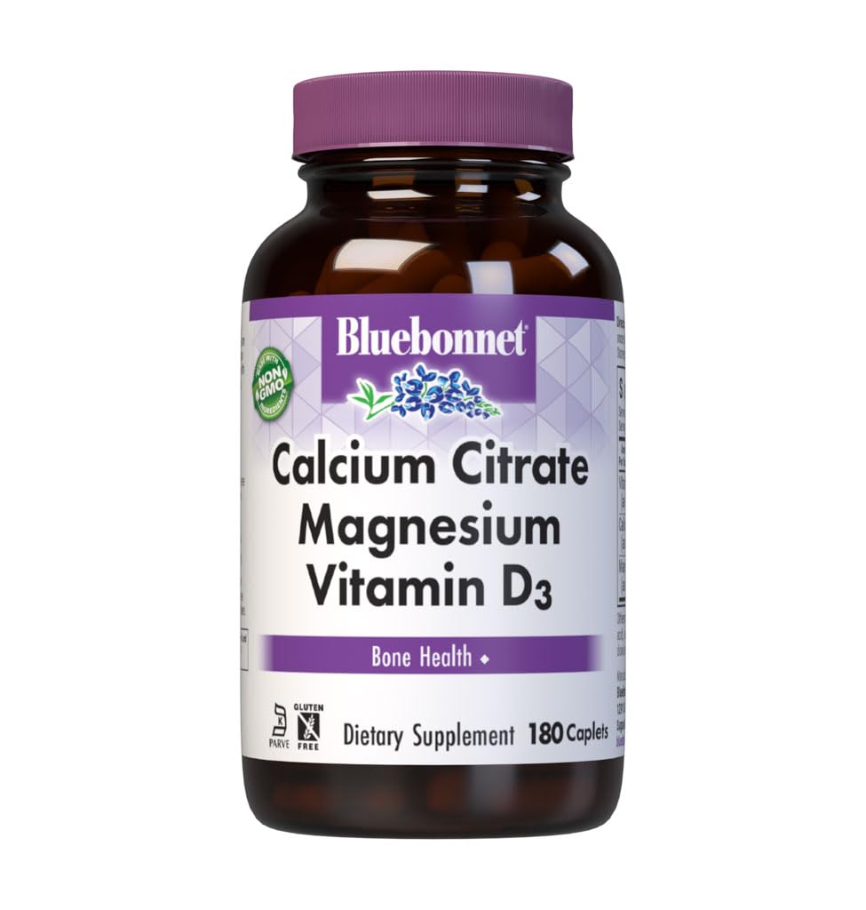 BlueBonnet Calcium Citrate Magnesium D3 caplets in bottle supporting bone health and daily wellness.
