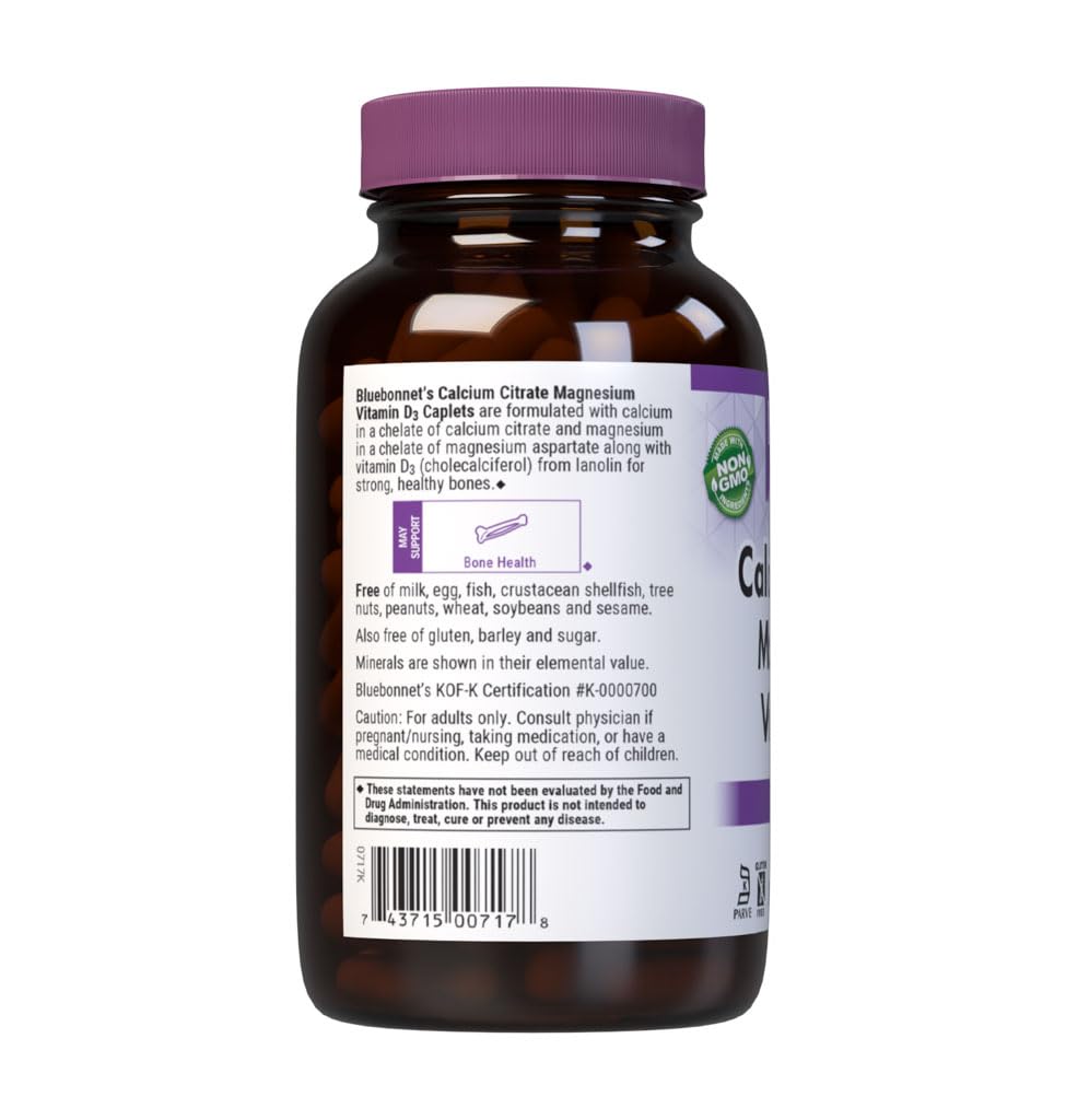 BlueBonnet Calcium Citrate Magnesium D3 caplets dosage info for daily bone support.