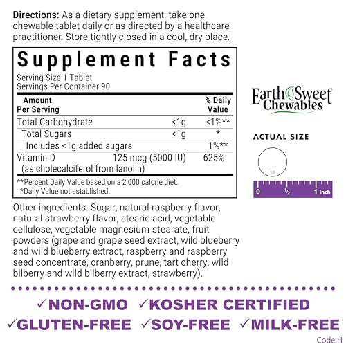 Bluebonnet D3 5000 IU raspberry chewables close-up on the label supports immune health.