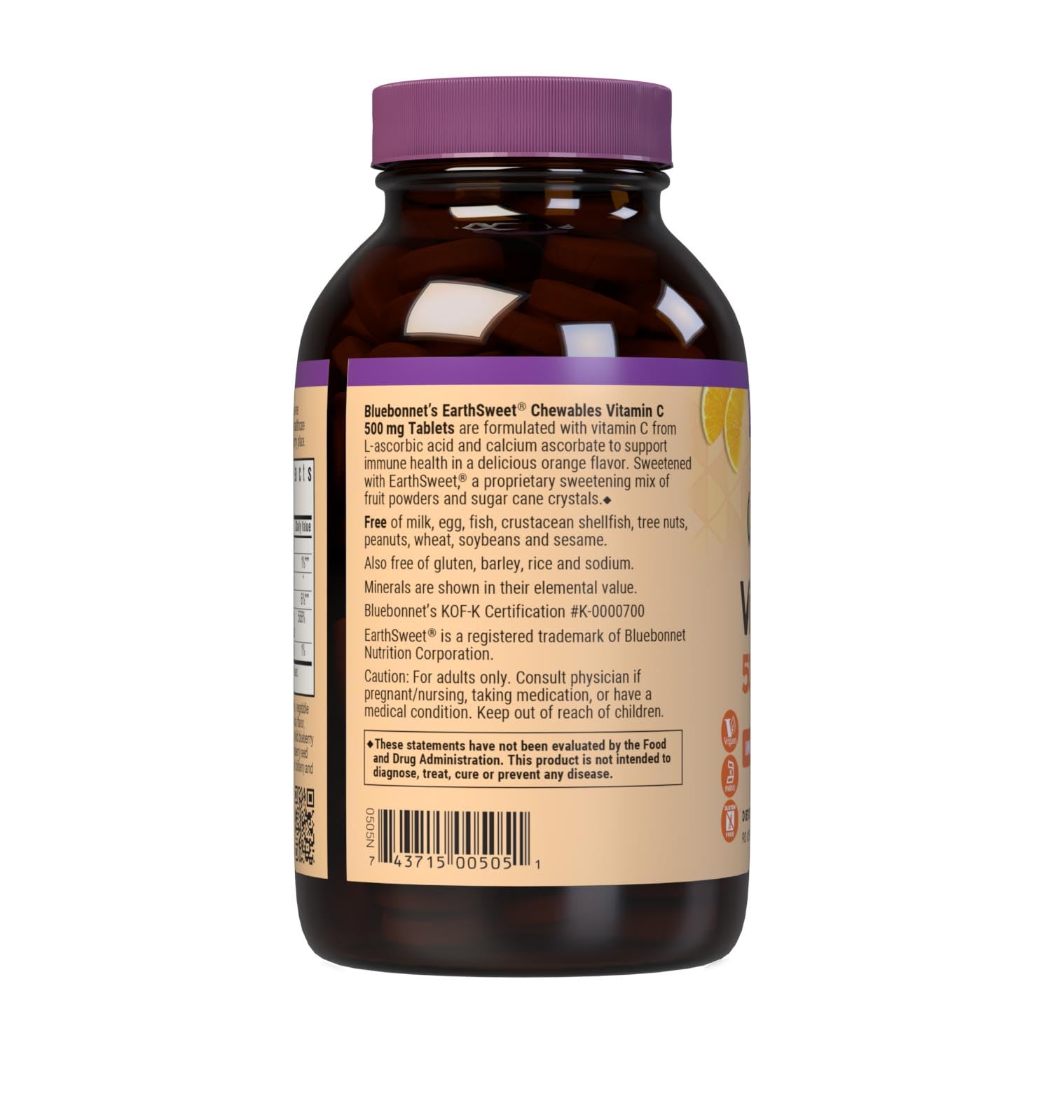 Bluebonnet EarthSweet Vitamin C 500mg ingredients label highlights vegan-friendly formula.