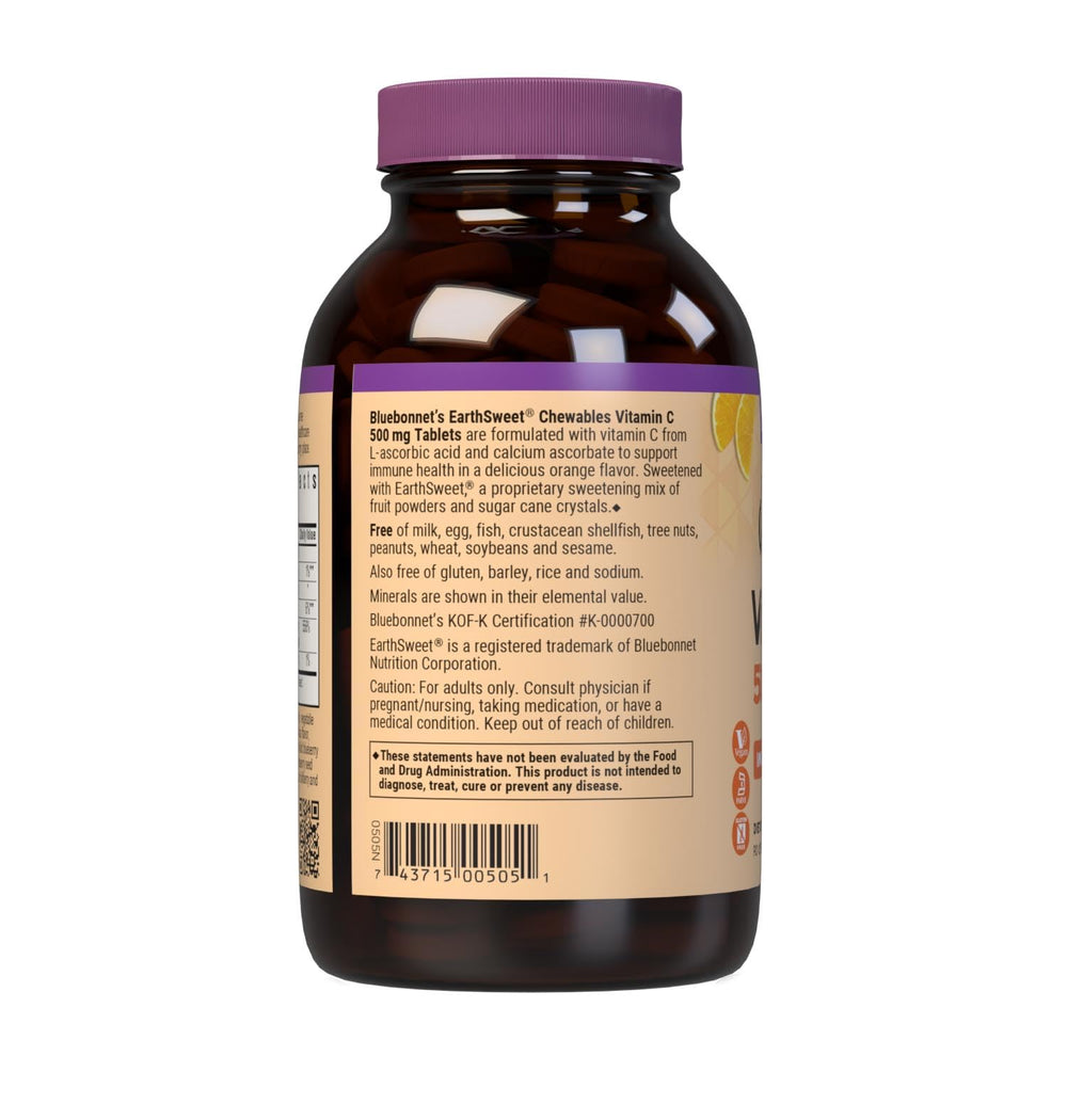 Bluebonnet EarthSweet Vitamin C 500mg ingredients label highlights vegan-friendly formula.