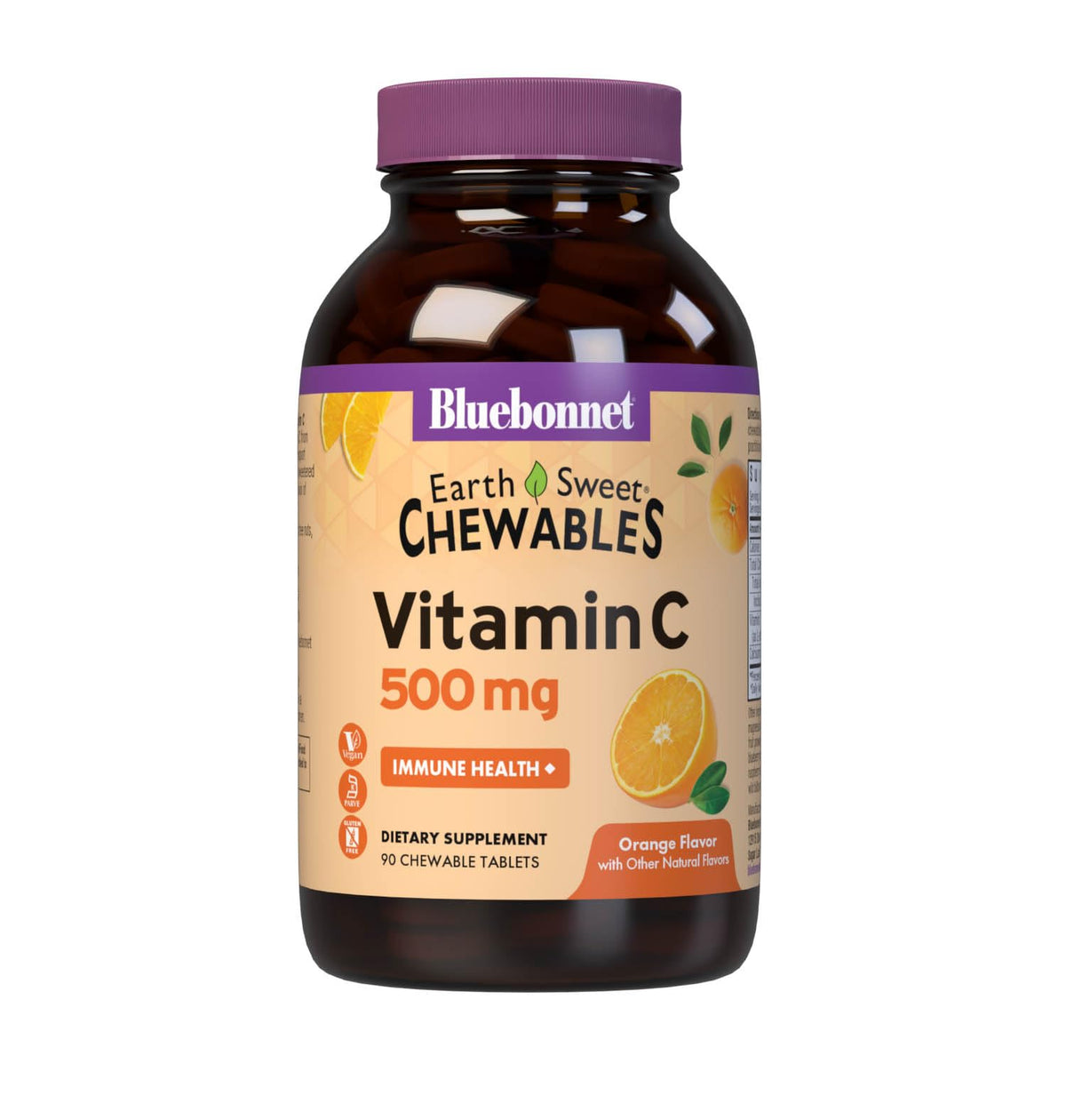 Bluebonnet EarthSweet Vitamin C 500mg orange chewable tablet, convenient daily immune support.