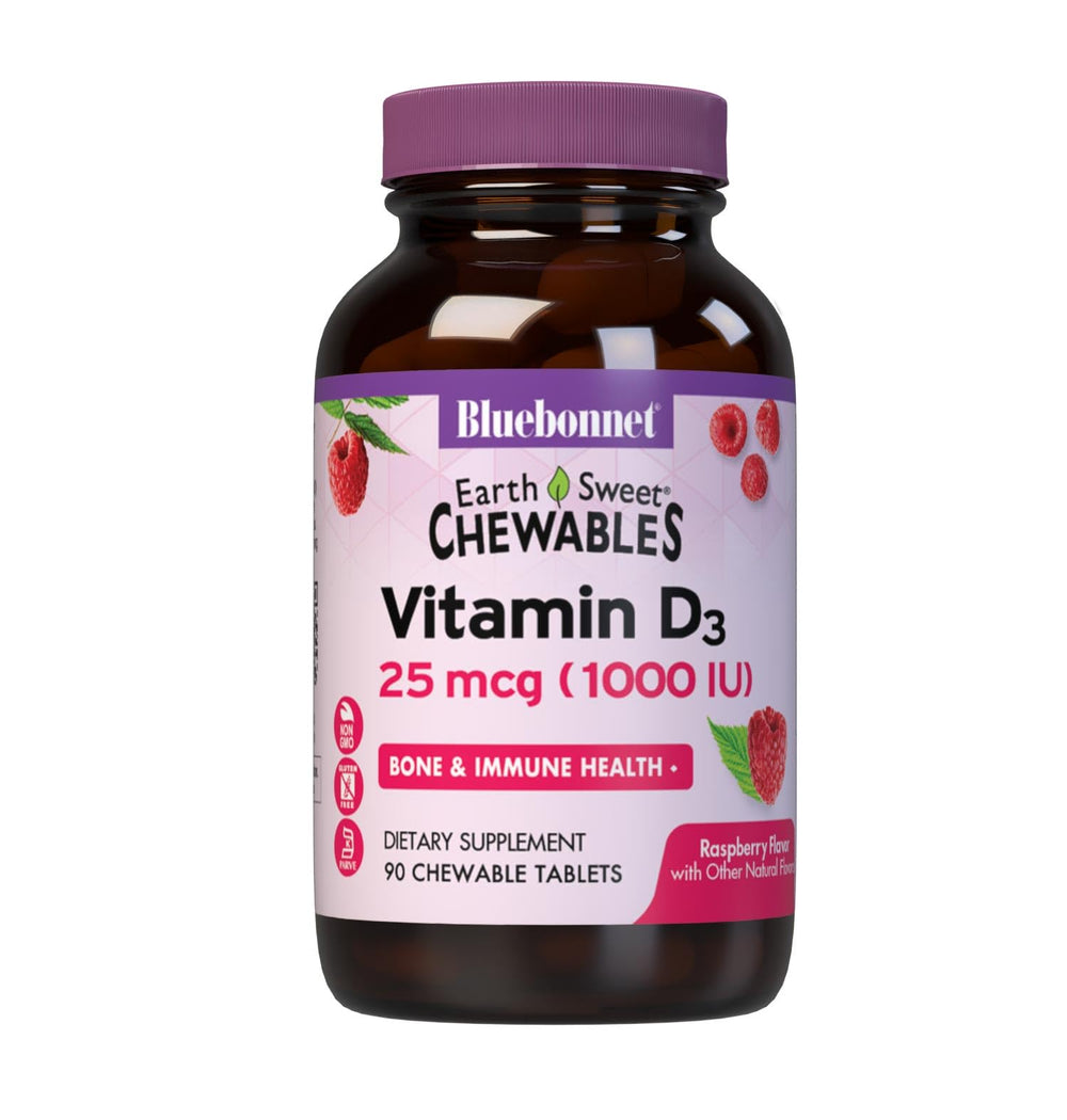 BlueBonnet EarthSweet Vitamin D3 bottle close-up shows bone and immune health benefits