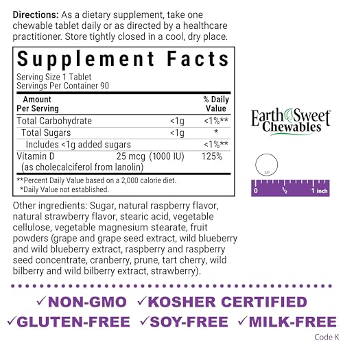 BlueBonnet EarthSweet Vitamin D3 raspberry chewables label emphasizes flavor and daily use