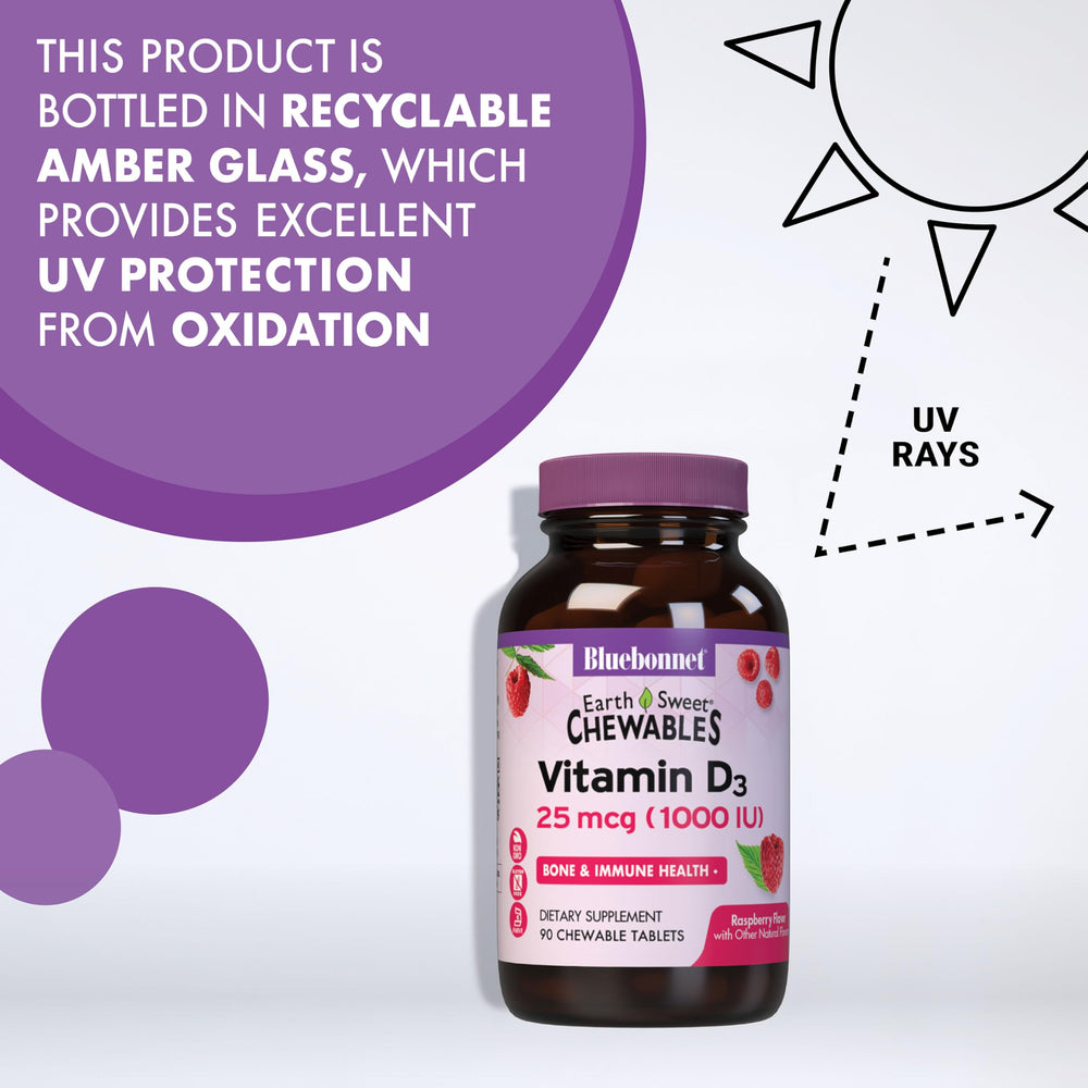 BlueBonnet EarthSweet Vitamin D3 packaging uses recyclable amber glass