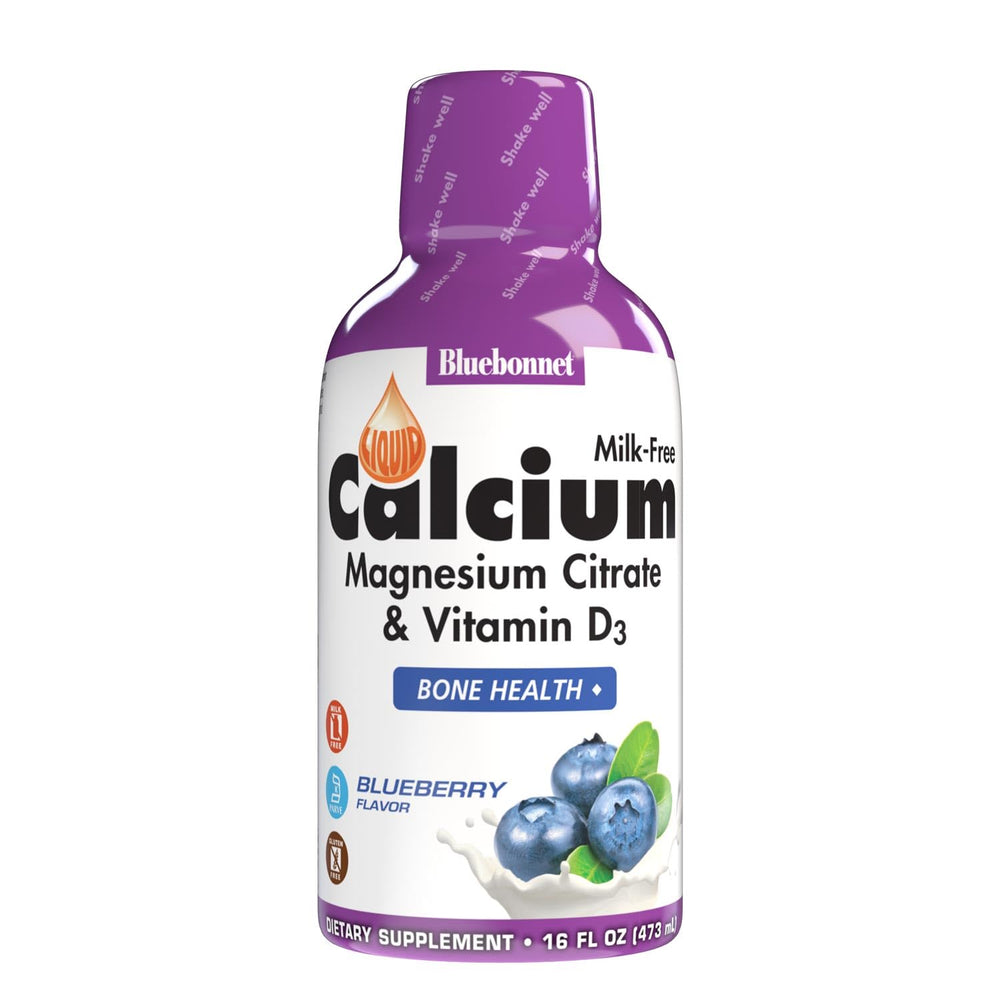 BlueBonnet Liquid Calcium Citrate bottle pour for easy daily dosing.