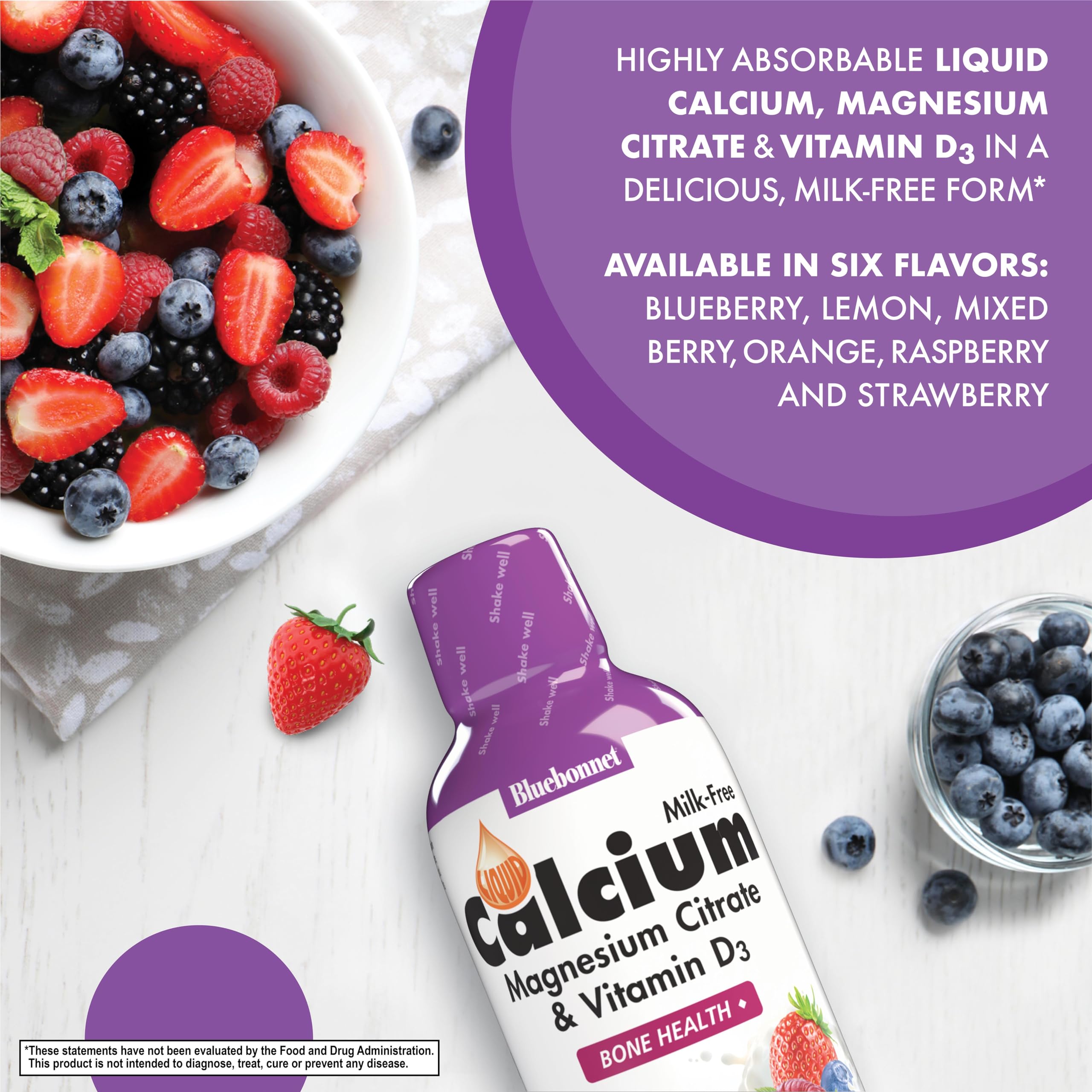 Bluebonnet Liquid Calcium citrate label highlights calcium, magnesium and vitamin D3