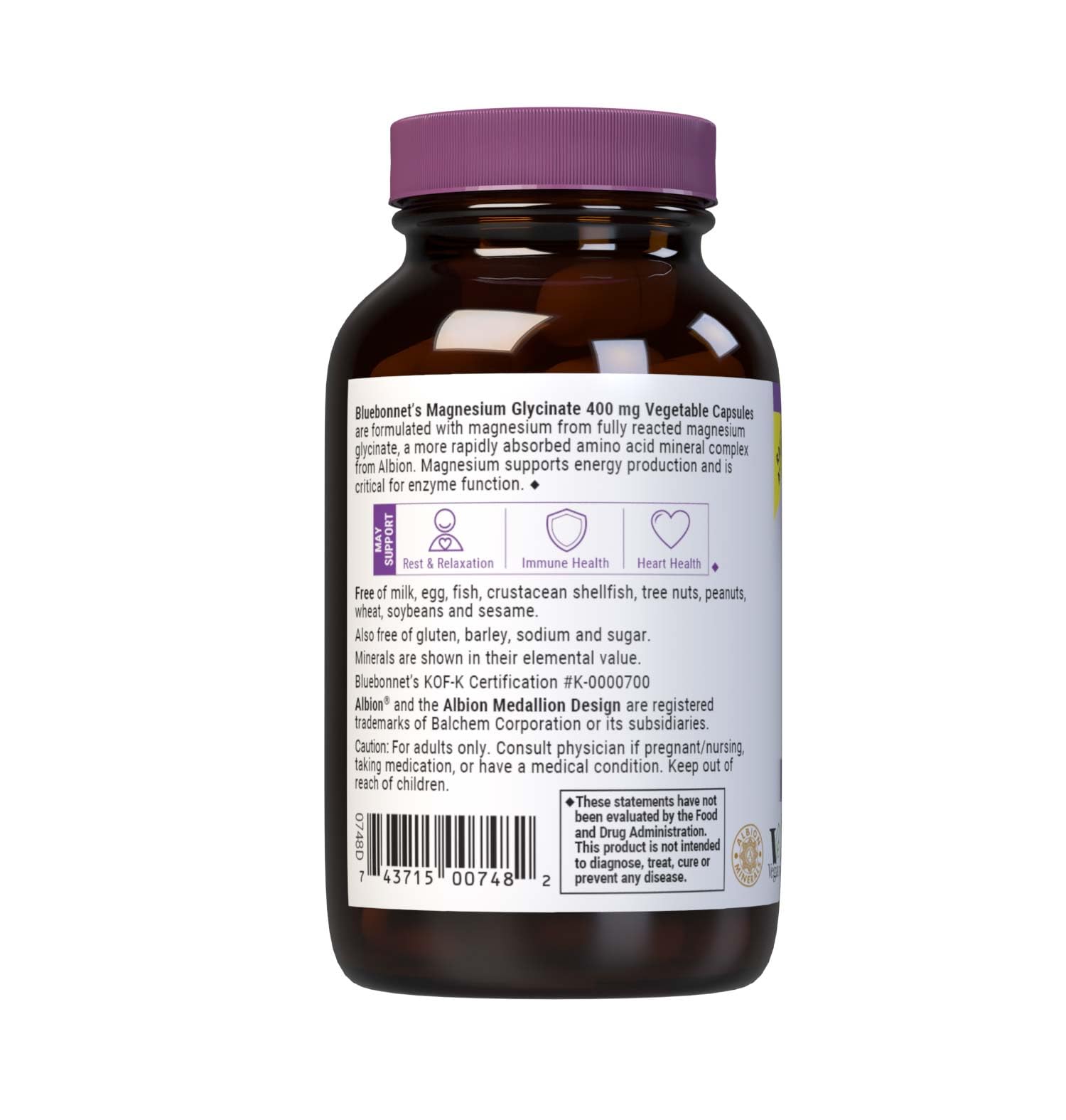 BlueBonnet Magnesium Glycinate Albion-sourced ingredient badge signals premium amino acid complex.