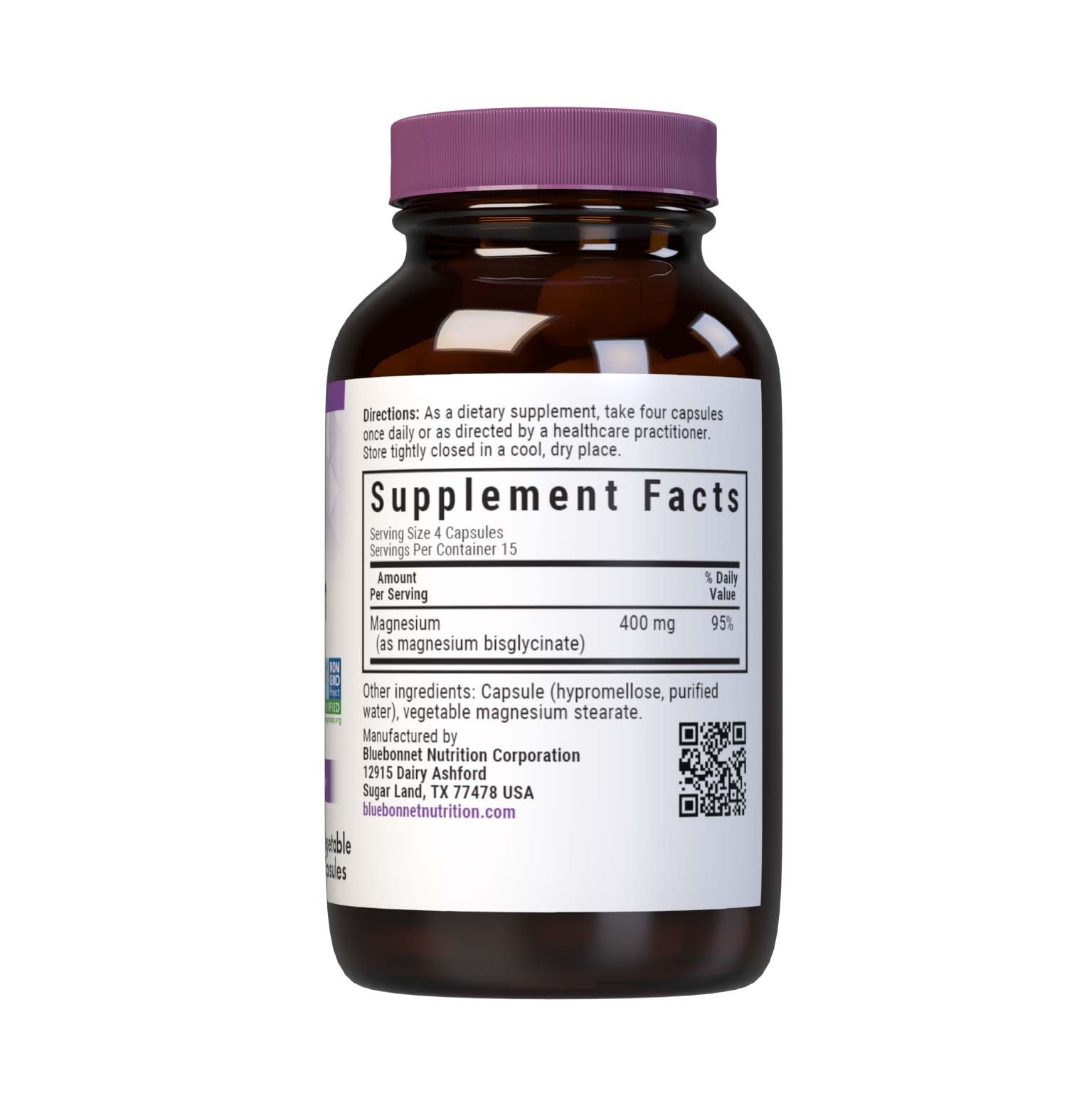 BlueBonnet Magnesium Glycinate capsules closeup emphasizes easily swallowed vegan capsules for daily convenience.