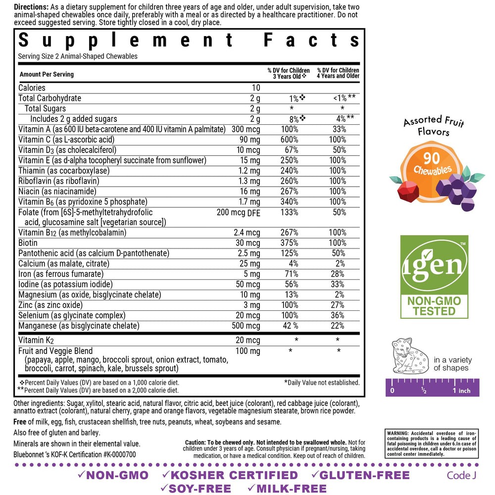 BlueBonnet Rainforest Animalz chewables close-up showing kid-friendly texture.