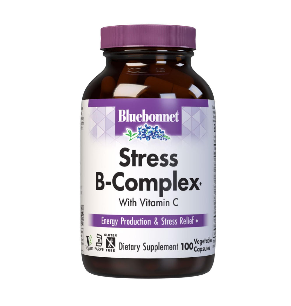 BlueBonnet Stress B-Complex bottle—supports energy production and nervous system health.