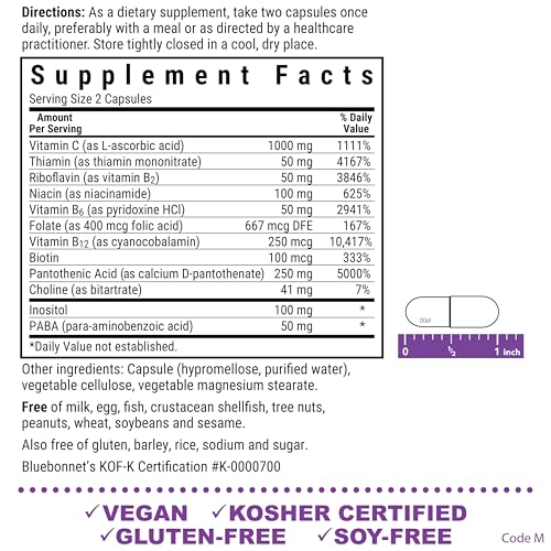 BlueBonnet Stress B-Complex capsules—vegan formula for easy swallowing.