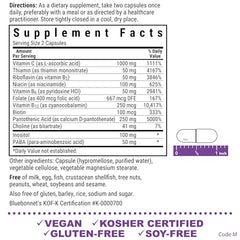 BlueBonnet Stress B-Complex capsules—vegan formula for easy swallowing.