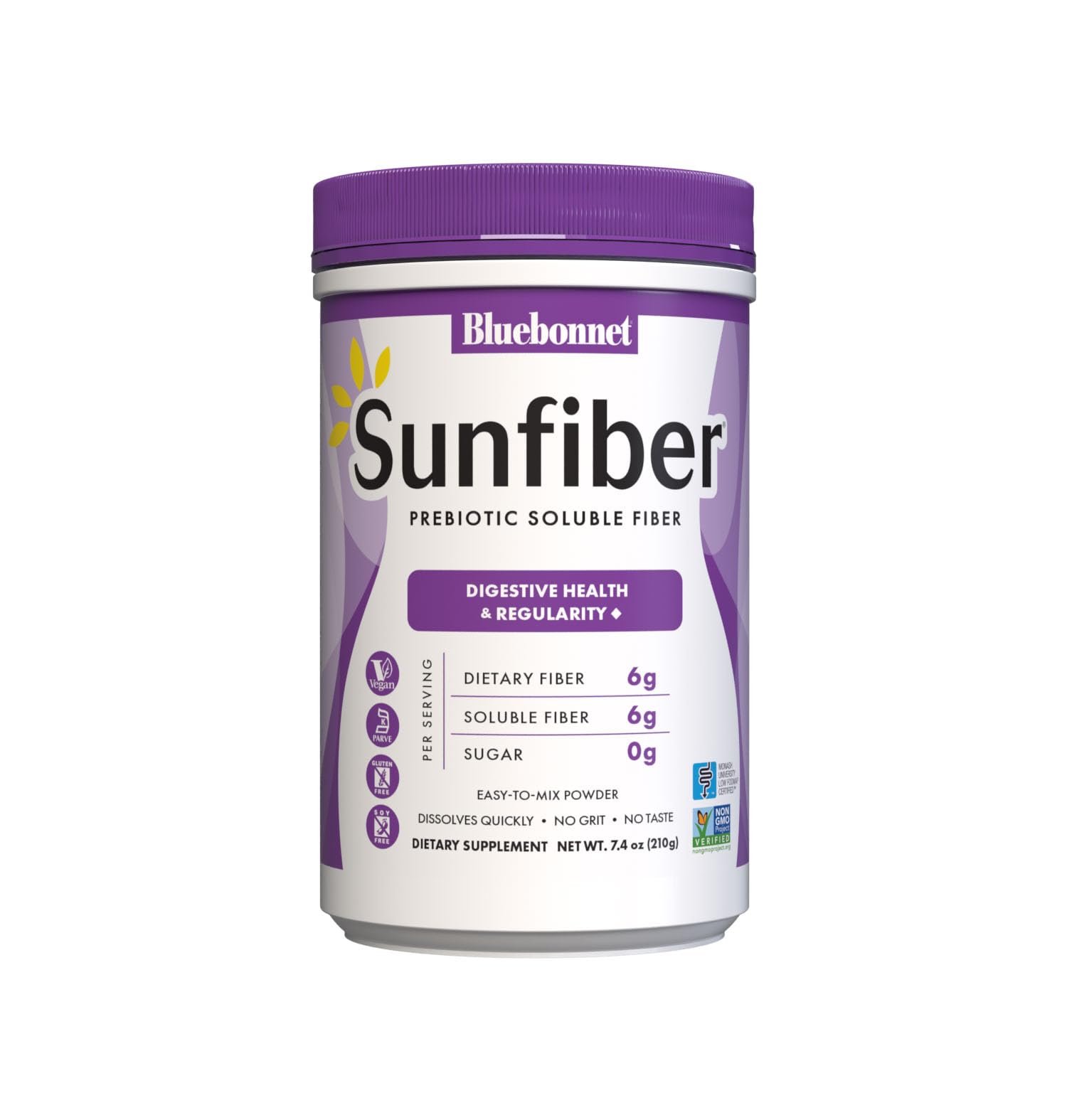BlueBonnet Sunfiber instant-dissolve powder blends easily into drinks for daily fiber intake
