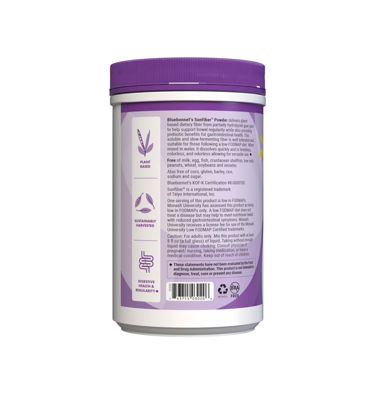 BlueBonnet Sunfiber 7.4 oz jar with 30 servings
