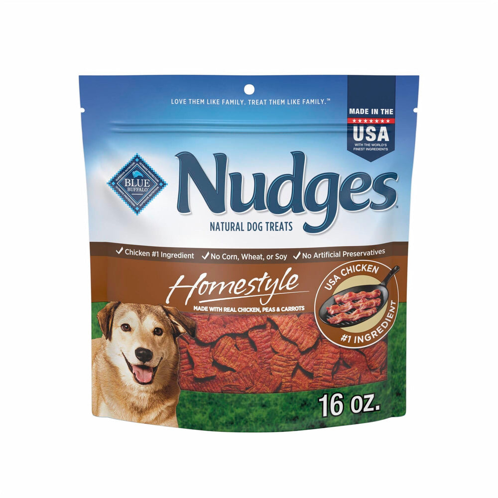 Blue Buffalo Nudges homestyle chicken bacon bag shows wholesome ingredients your dog will love
