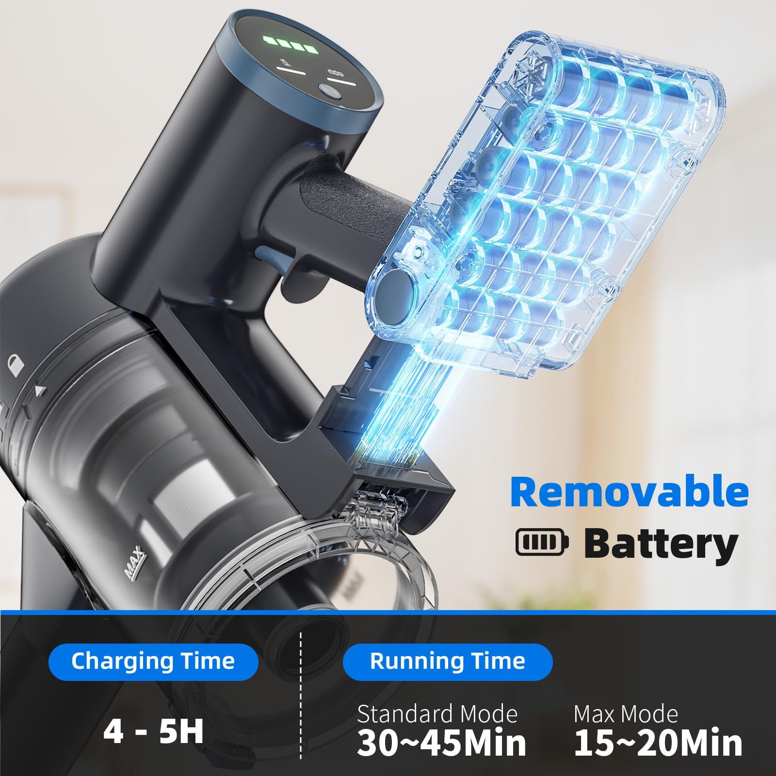 BlueEpic detachable battery enables quick swaps for longer cleaning sessions.