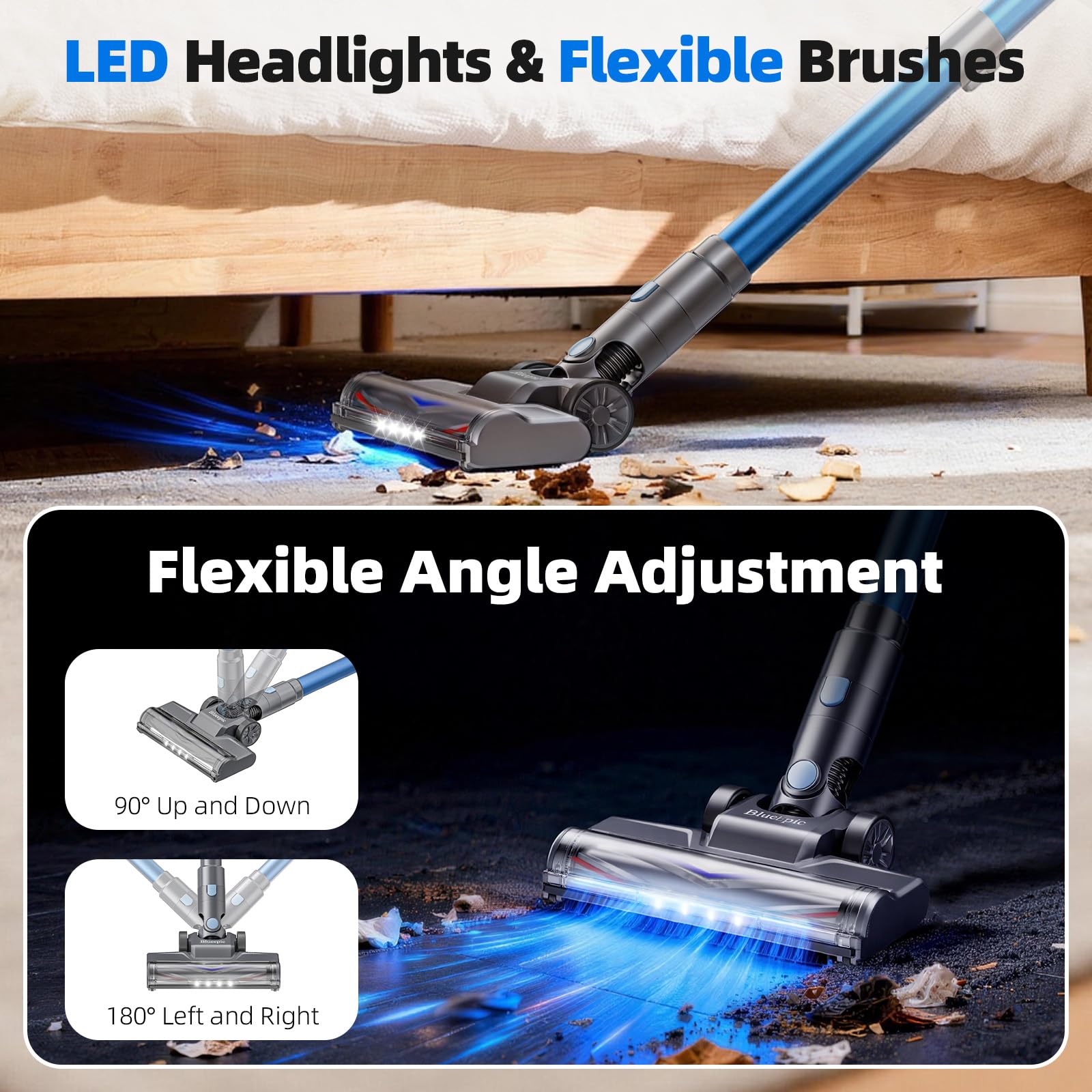 BlueEpic multi-surface brush handles upholstery, stairs, and hard floors with ease.