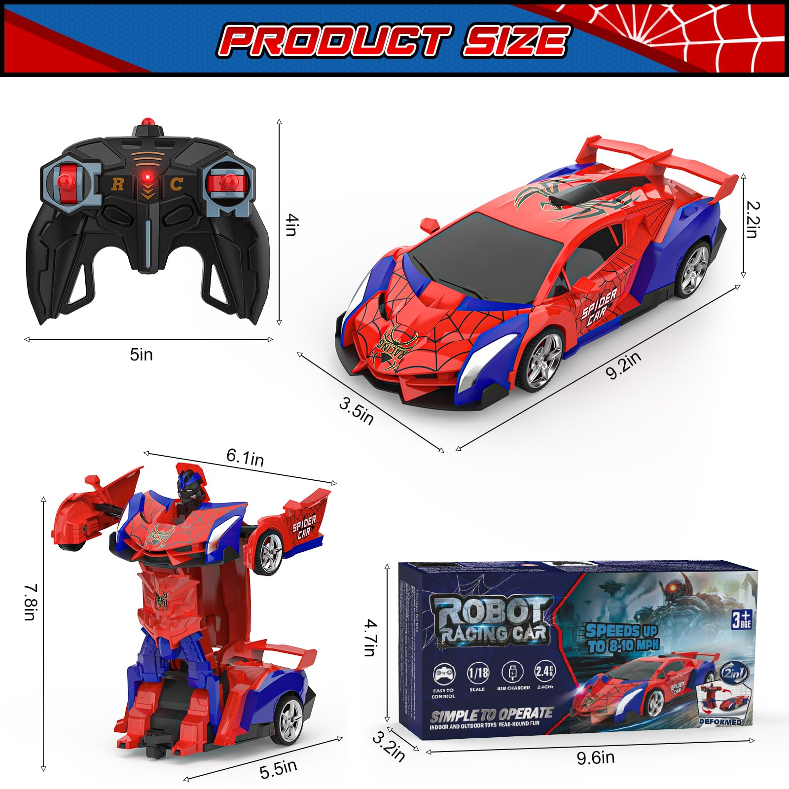 BLUEJAY Transform RC Car side-view highlights sturdy ABS build for durable play sessions.